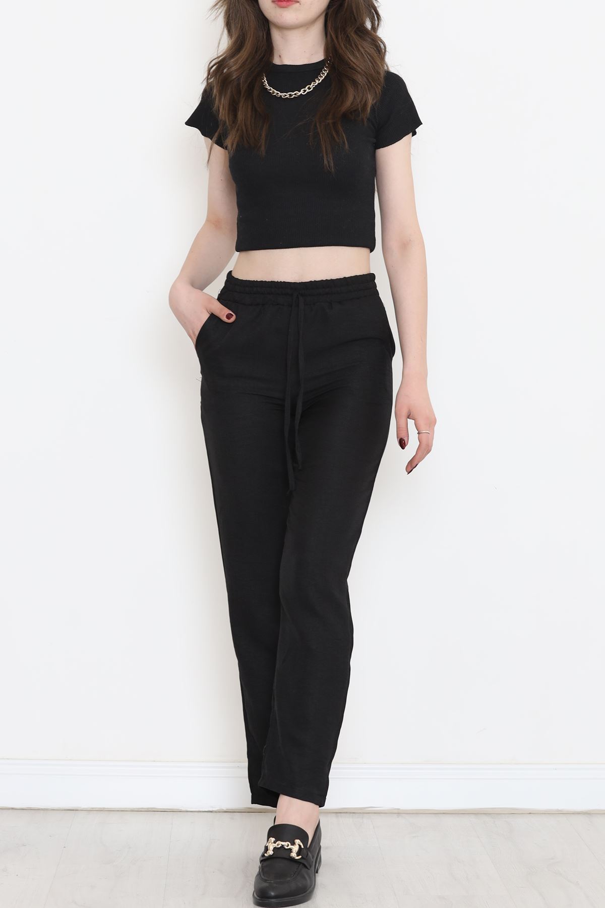 Beli Lastikli Keten Pantolon Siyah - 15264.1726.