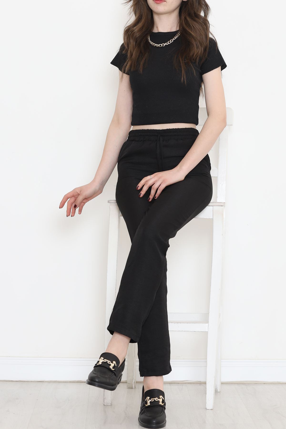 Beli Lastikli Keten Pantolon Siyah - 15264.1726.