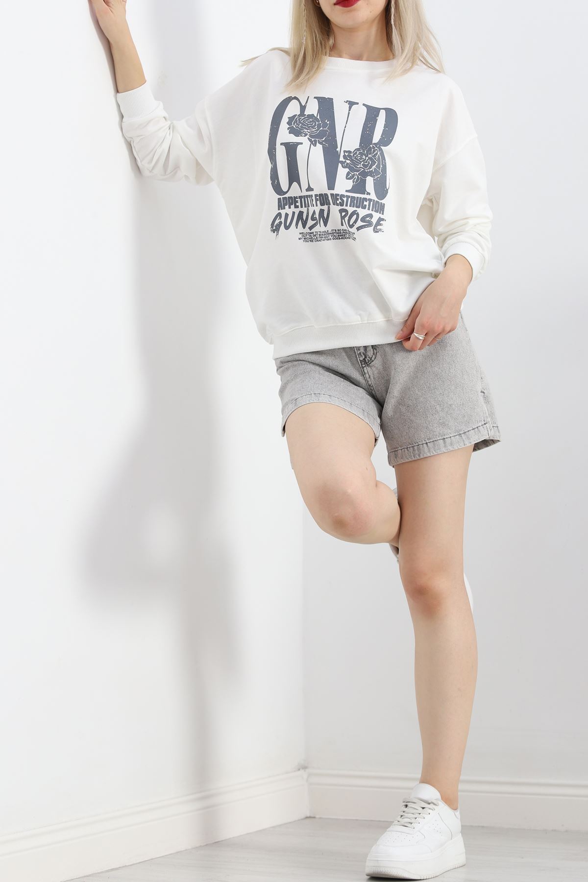 Baskılı İki İplik Oversize Sweat Ekru - 21648.200.