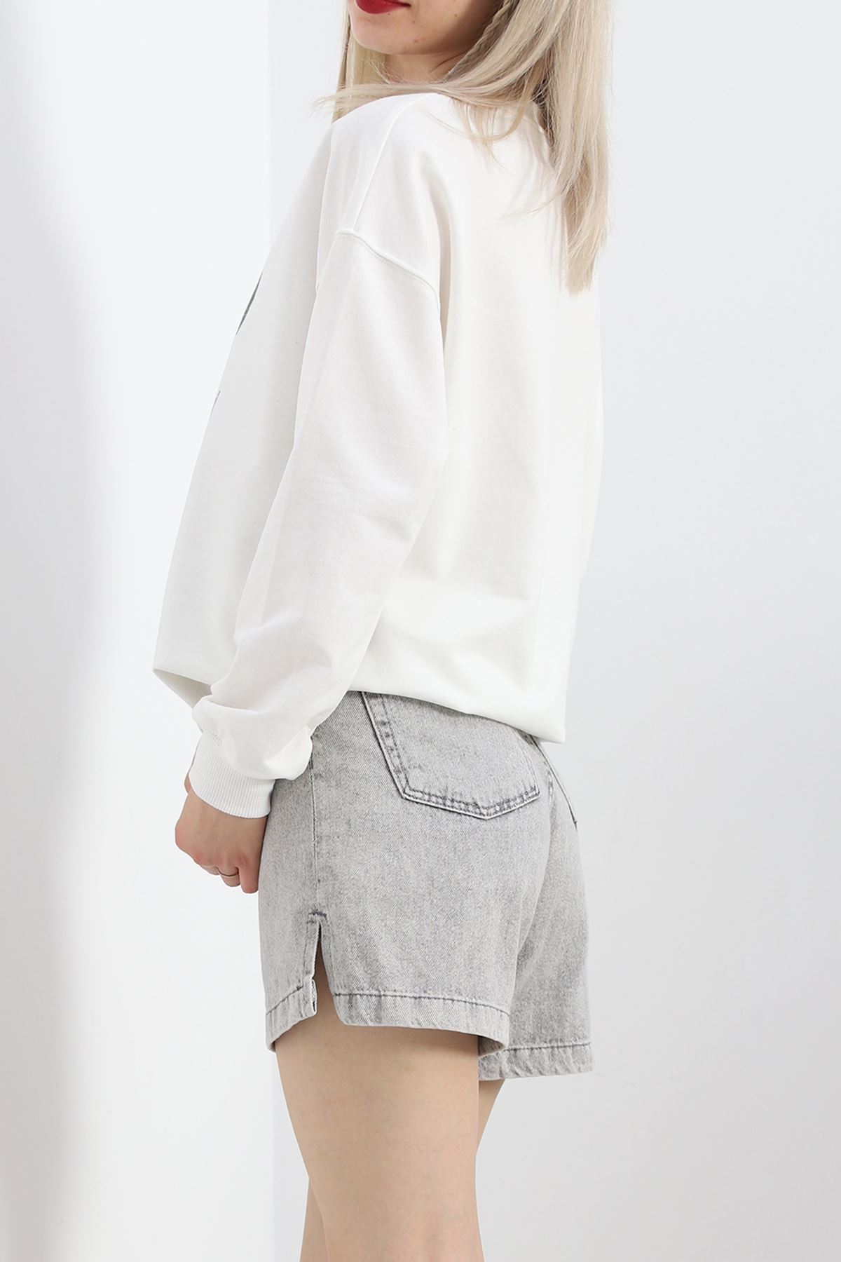 Baskılı İki İplik Oversize Sweat Ekru - 21648.200.