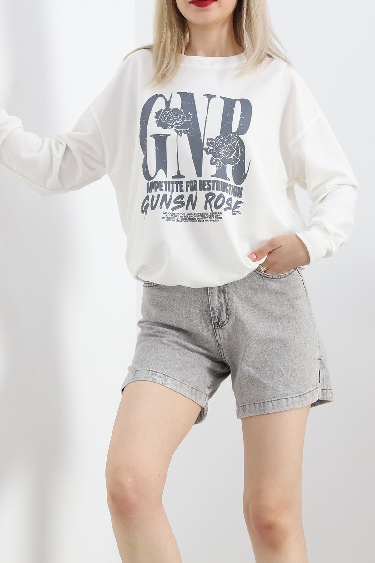 Baskılı İki İplik Oversize Sweat Ekru - 21648.200.