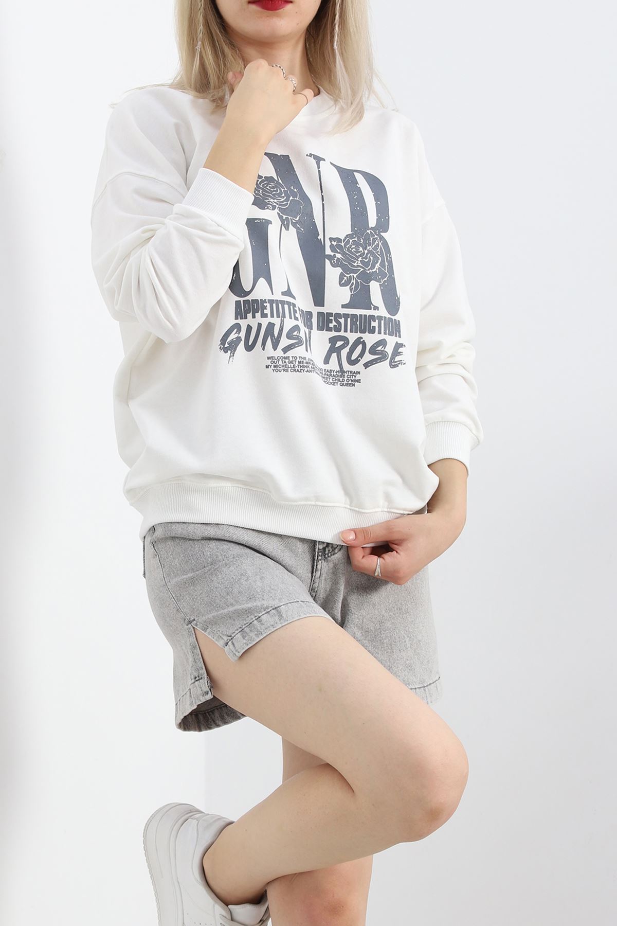 Baskılı İki İplik Oversize Sweat Ekru - 21648.200.