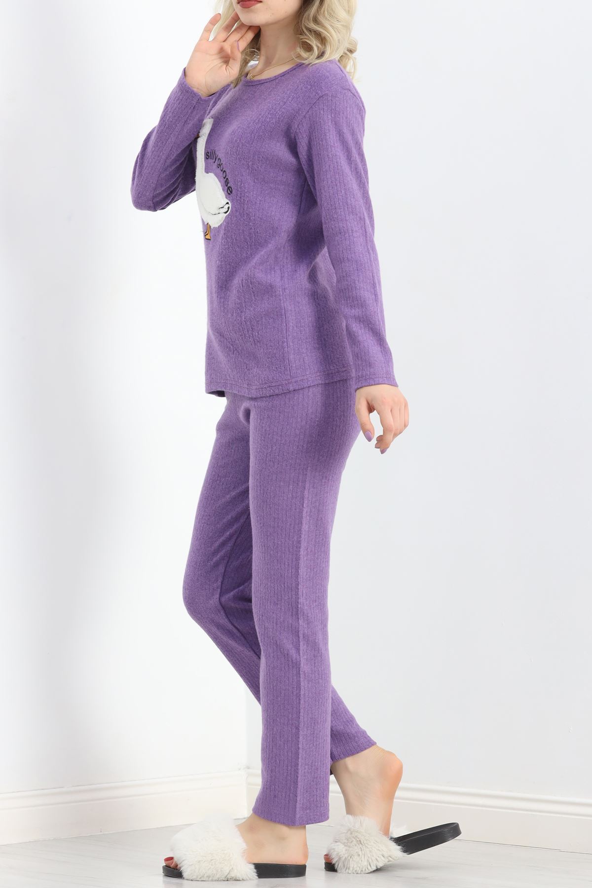 Nakışlı Fitilli Pijama Takımı Mor - 19217.1048.