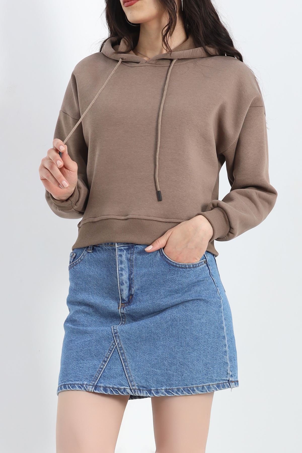 3 İplik Kapşonlu Crop Sweat Kahve - 20959.1878.