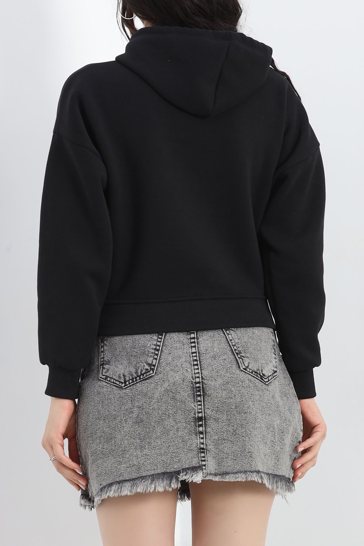 3 İplik Kapşonlu Crop Sweat Siyah - 20959.1878.