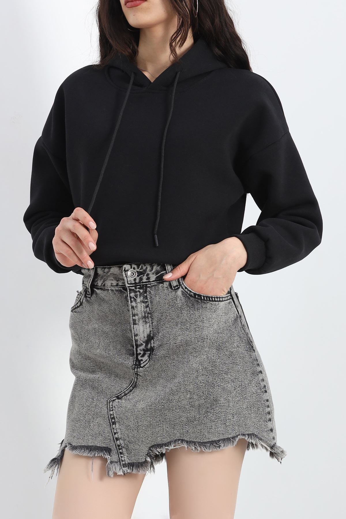 3 İplik Kapşonlu Crop Sweat Siyah - 20959.1878.