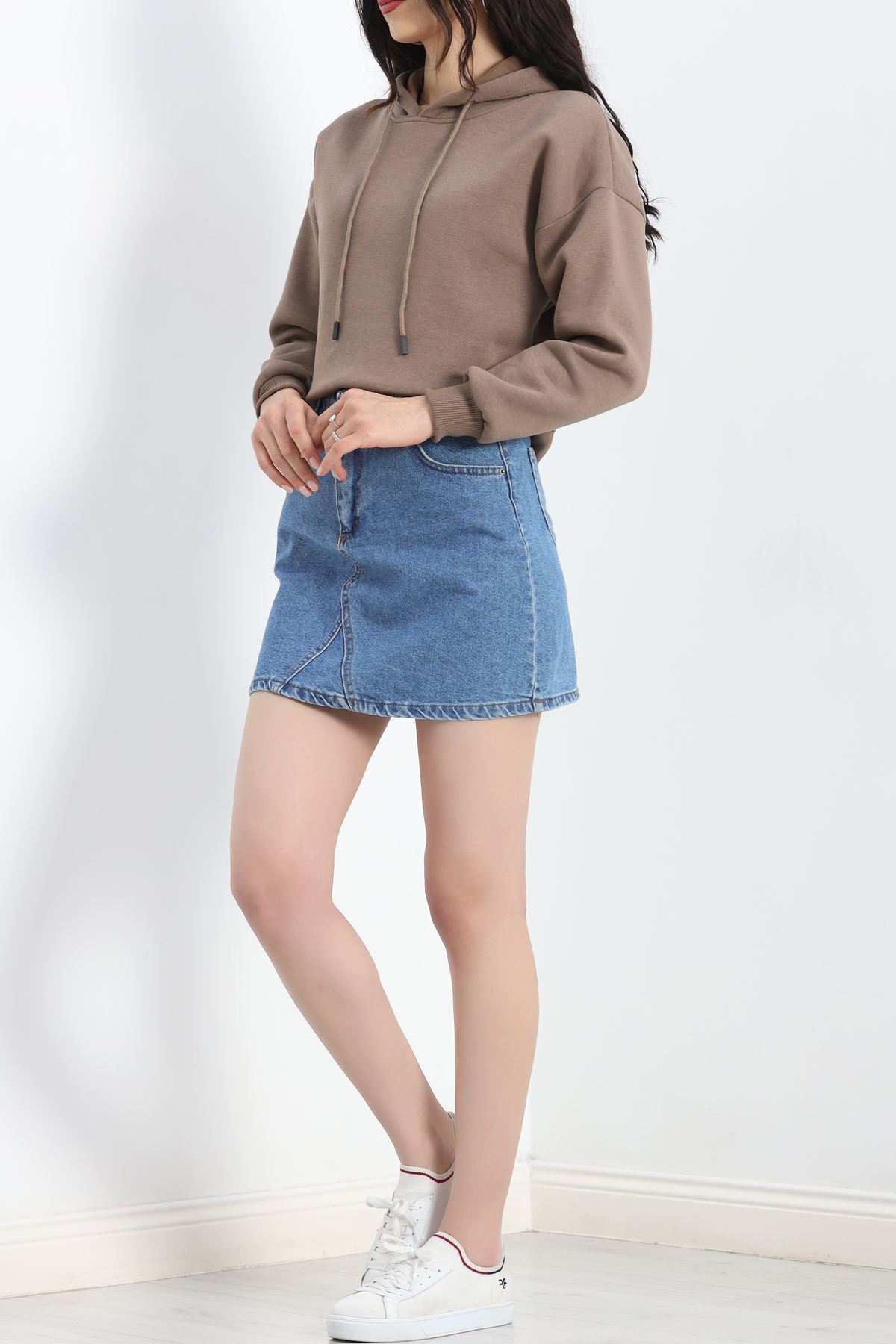 3 İplik Kapşonlu Crop Sweat Kahve - 20959.1878.