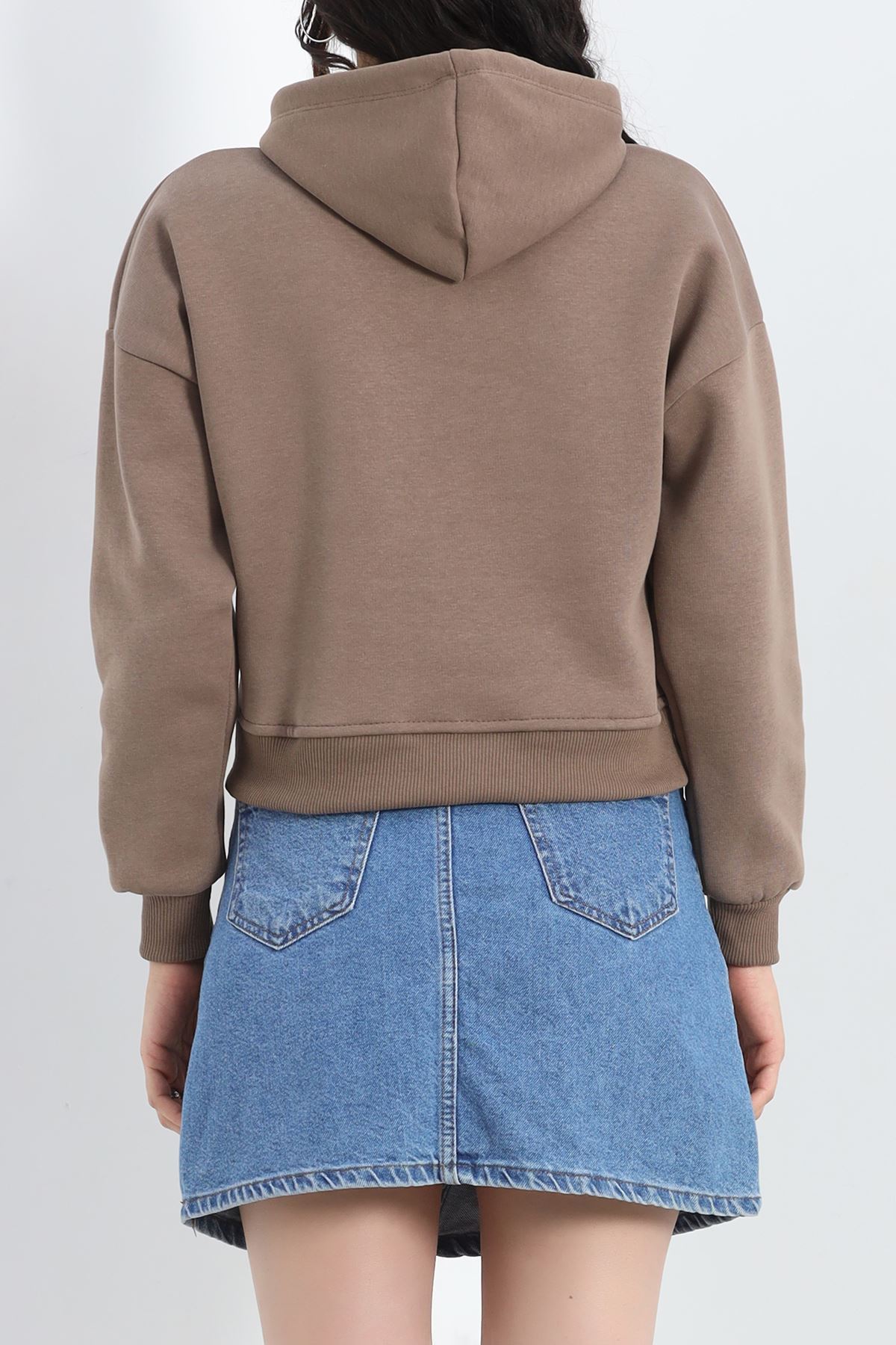 3 İplik Kapşonlu Crop Sweat Kahve - 20959.1878.