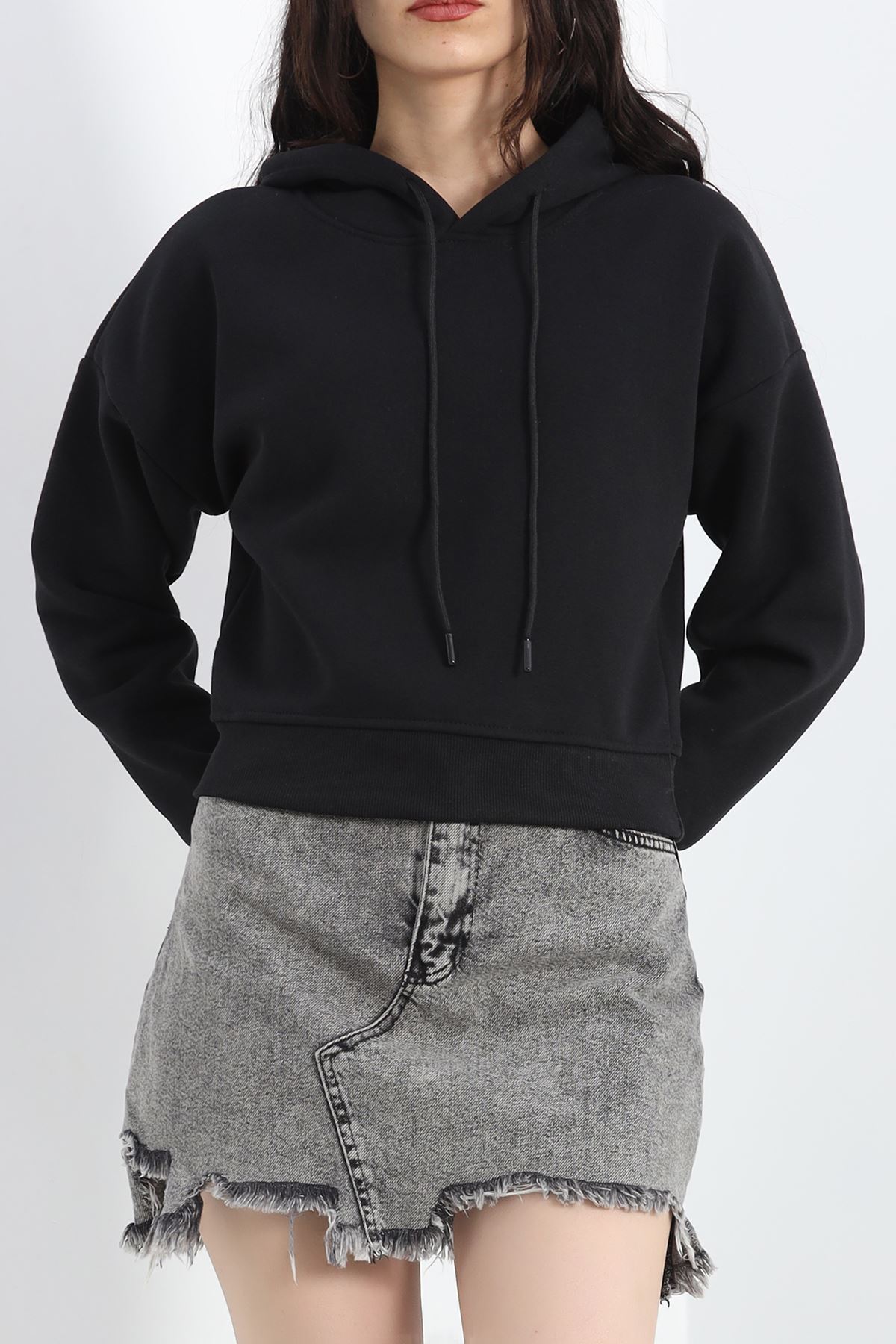 3 İplik Kapşonlu Crop Sweat Siyah - 20959.1878.