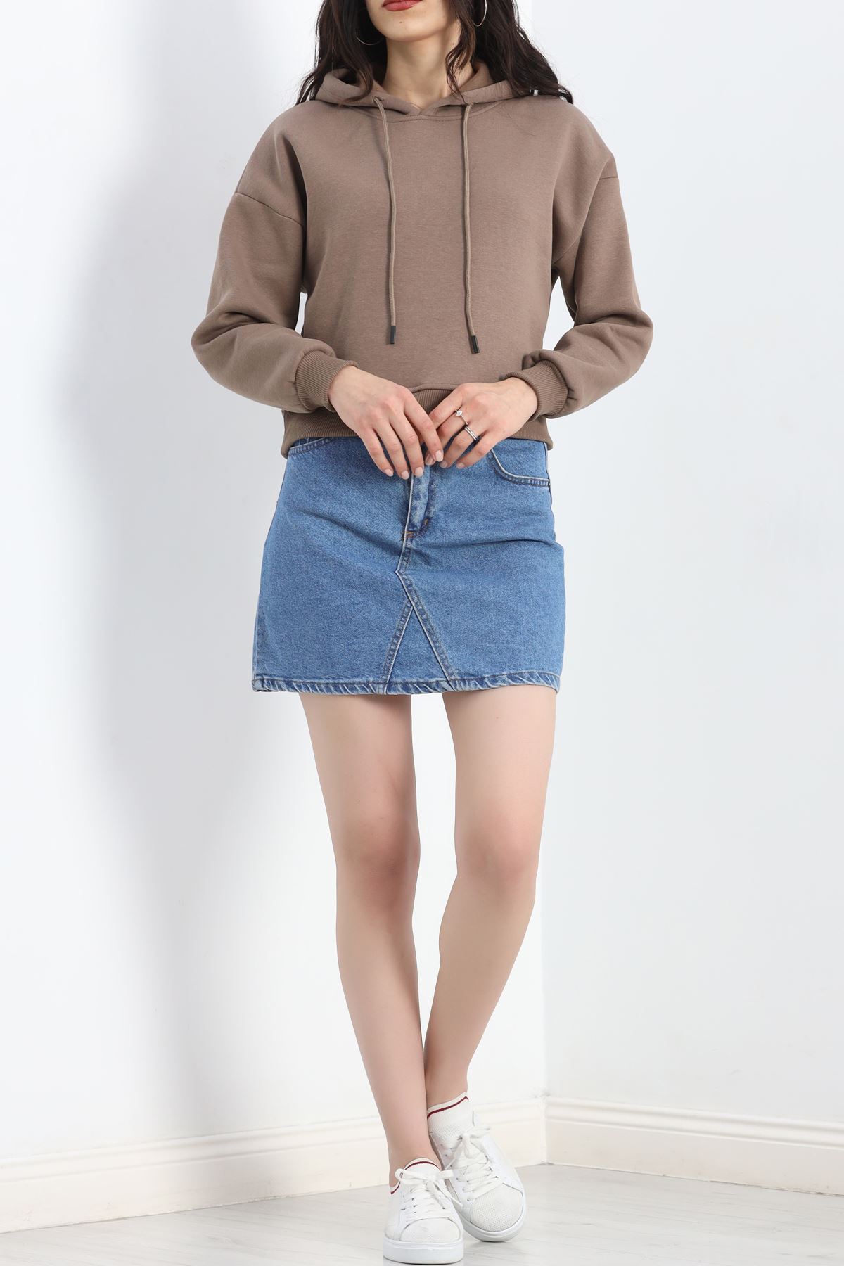 3 İplik Kapşonlu Crop Sweat Kahve - 20959.1878.