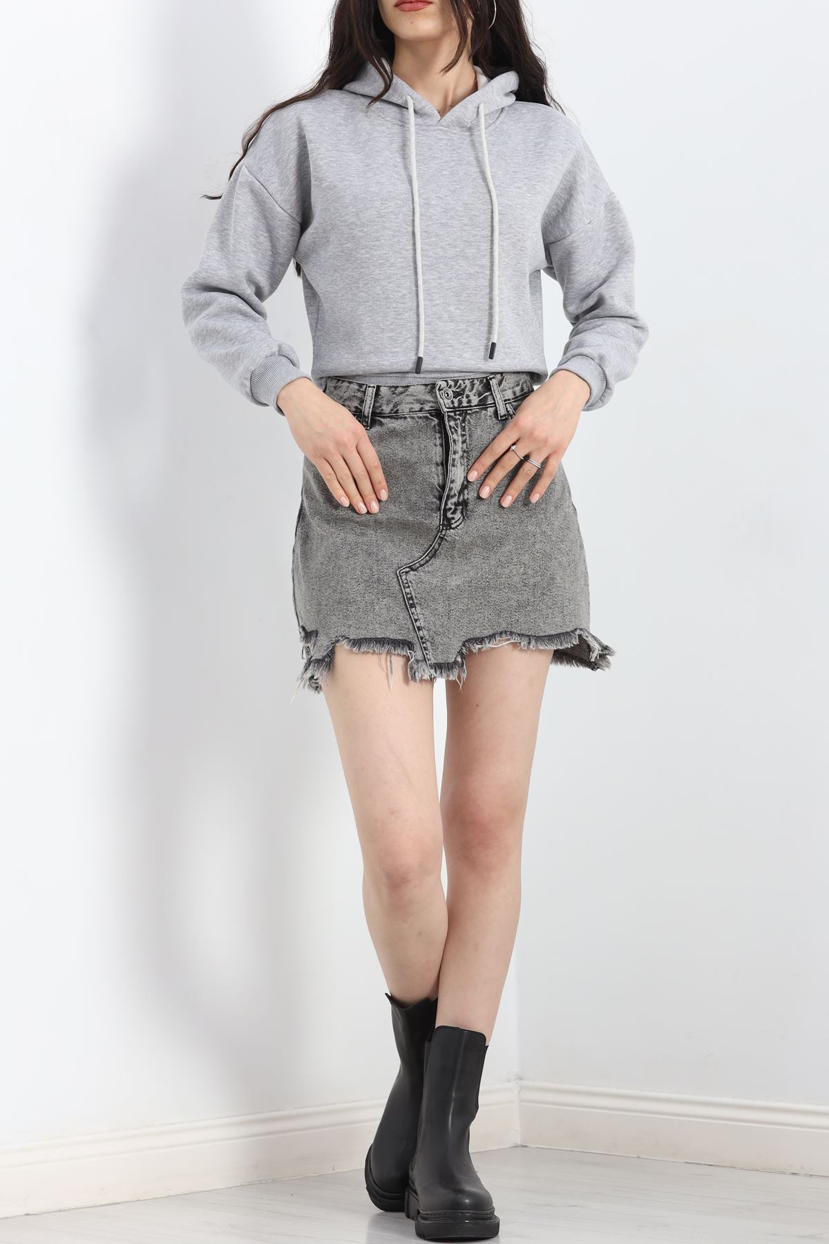3 İplik Kapşonlu Crop Sweat Gri - 20959.1878.