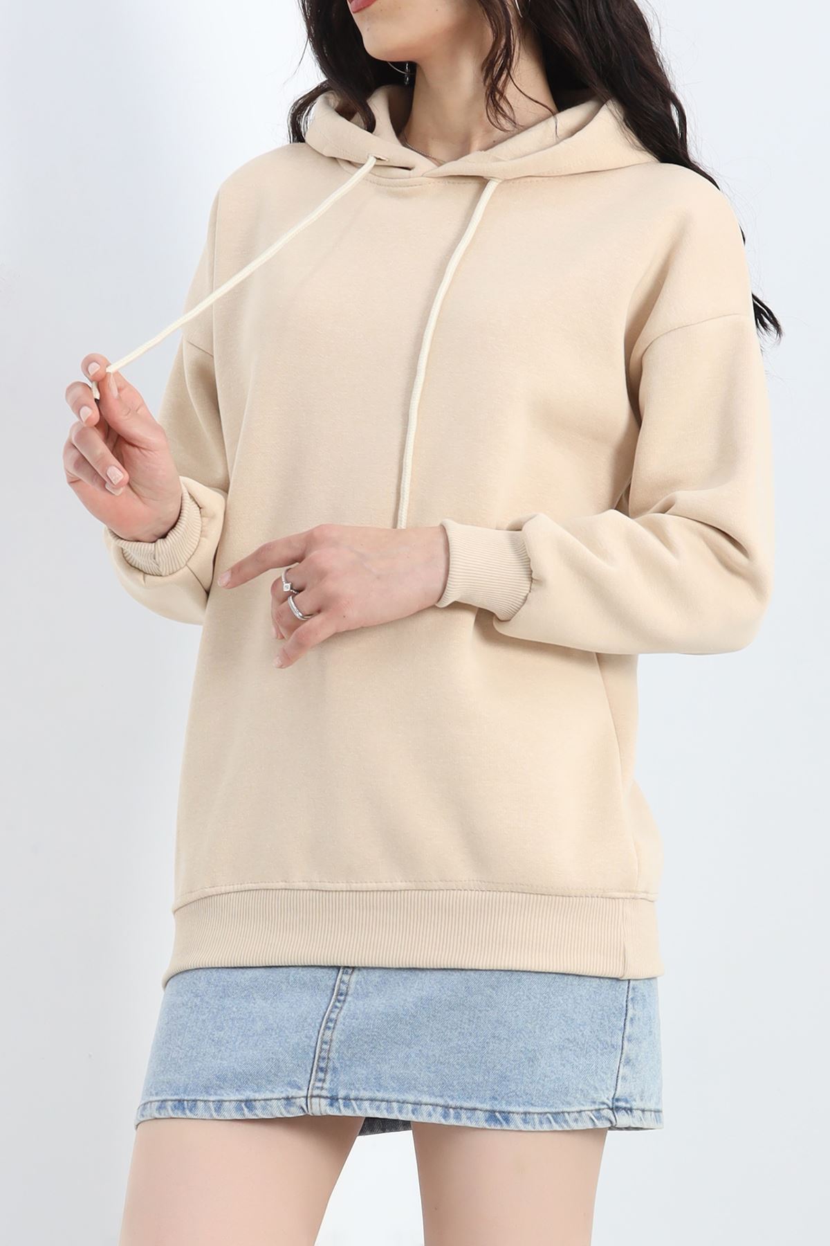 3 İplik Kapşonlu Basic Sweat Bej - 20074.1878.