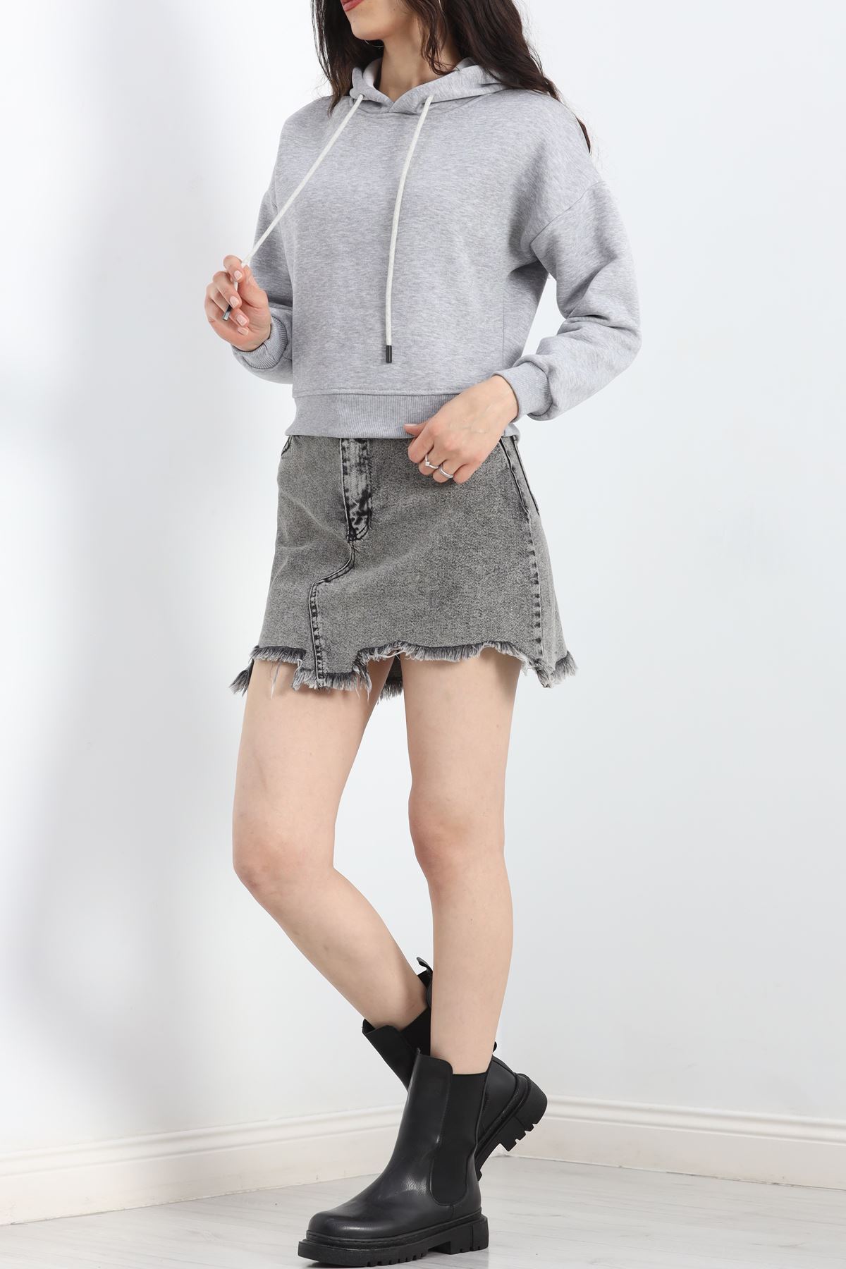 3 İplik Kapşonlu Crop Sweat Gri - 20959.1878.