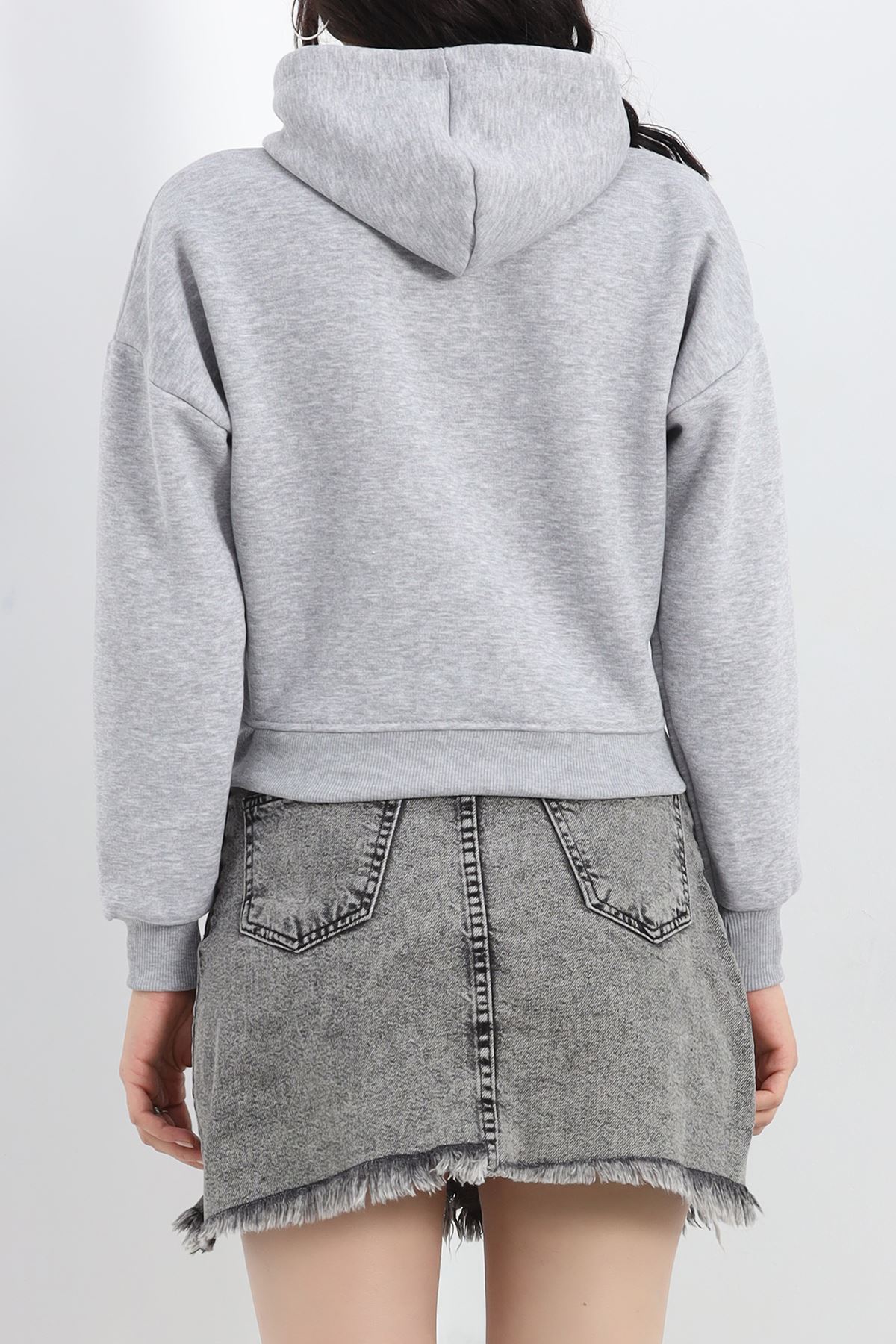 3 İplik Kapşonlu Crop Sweat Gri - 20959.1878.