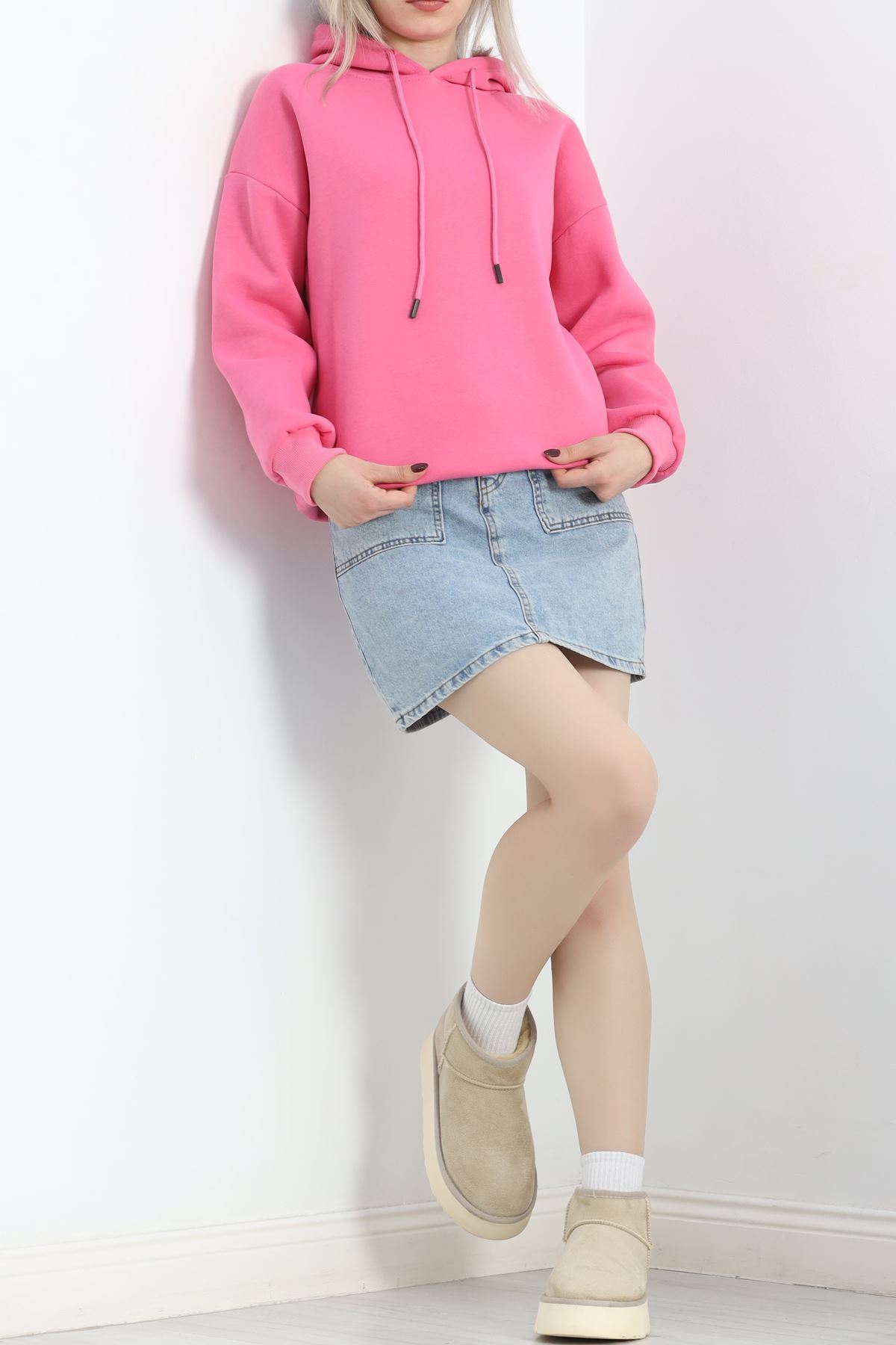 3 İplik Kapşonlu Basic Sweat Pembe - 20074.1878.