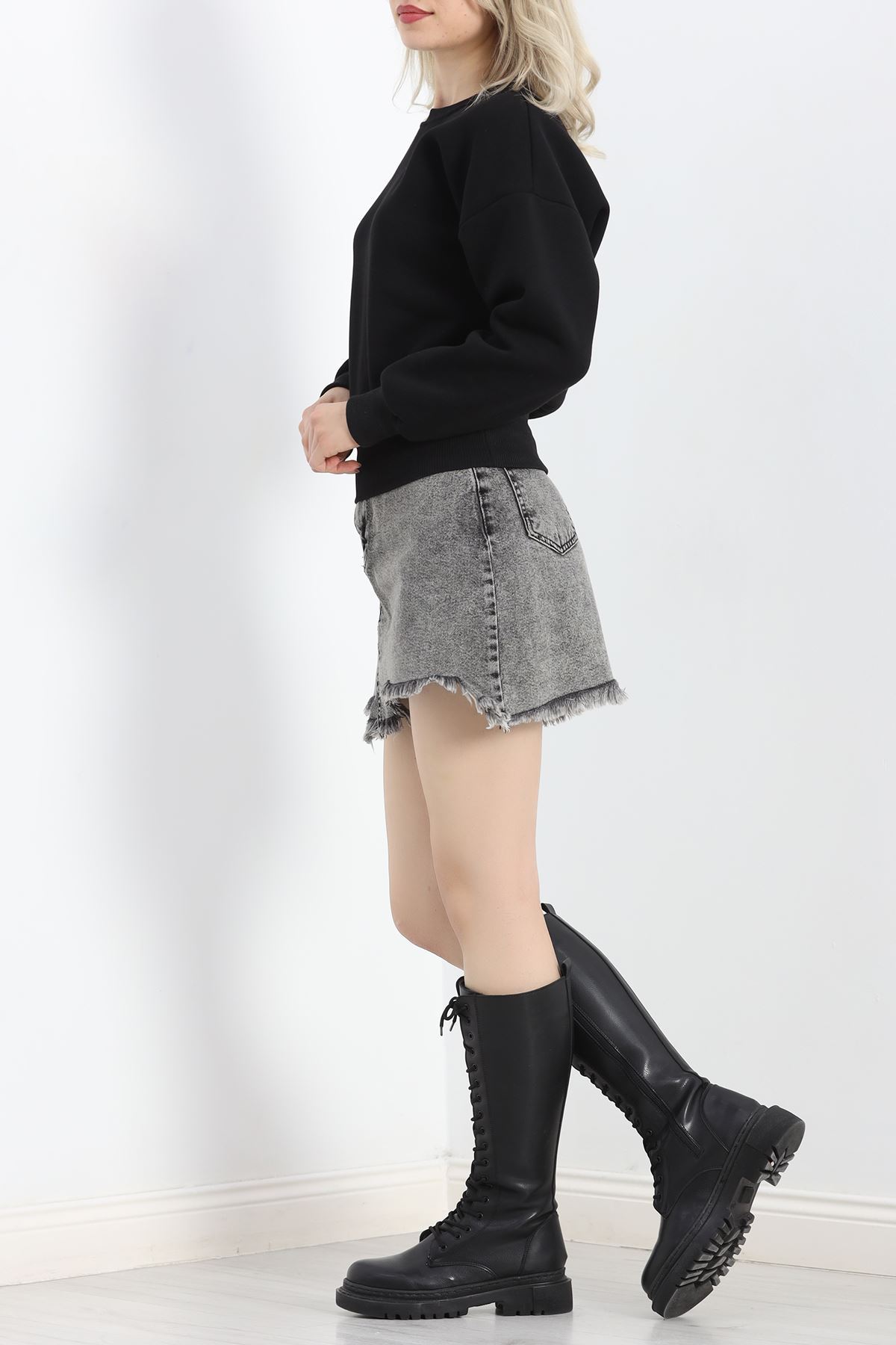 Bisiklet Yaka 3 İplik Crop Sweat Siyah - 20968.1878.