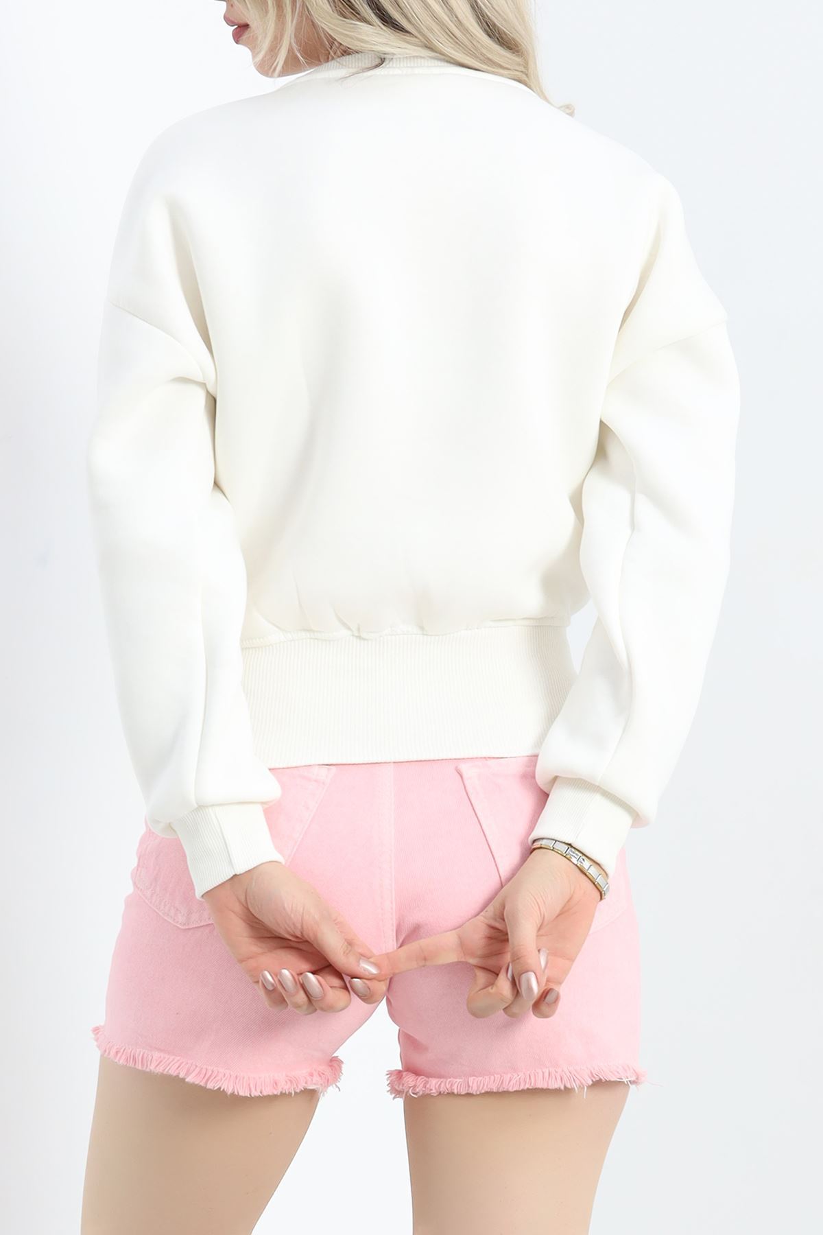 Bisiklet Yaka 3 İplik Crop Sweat Ekru - 20968.1878.