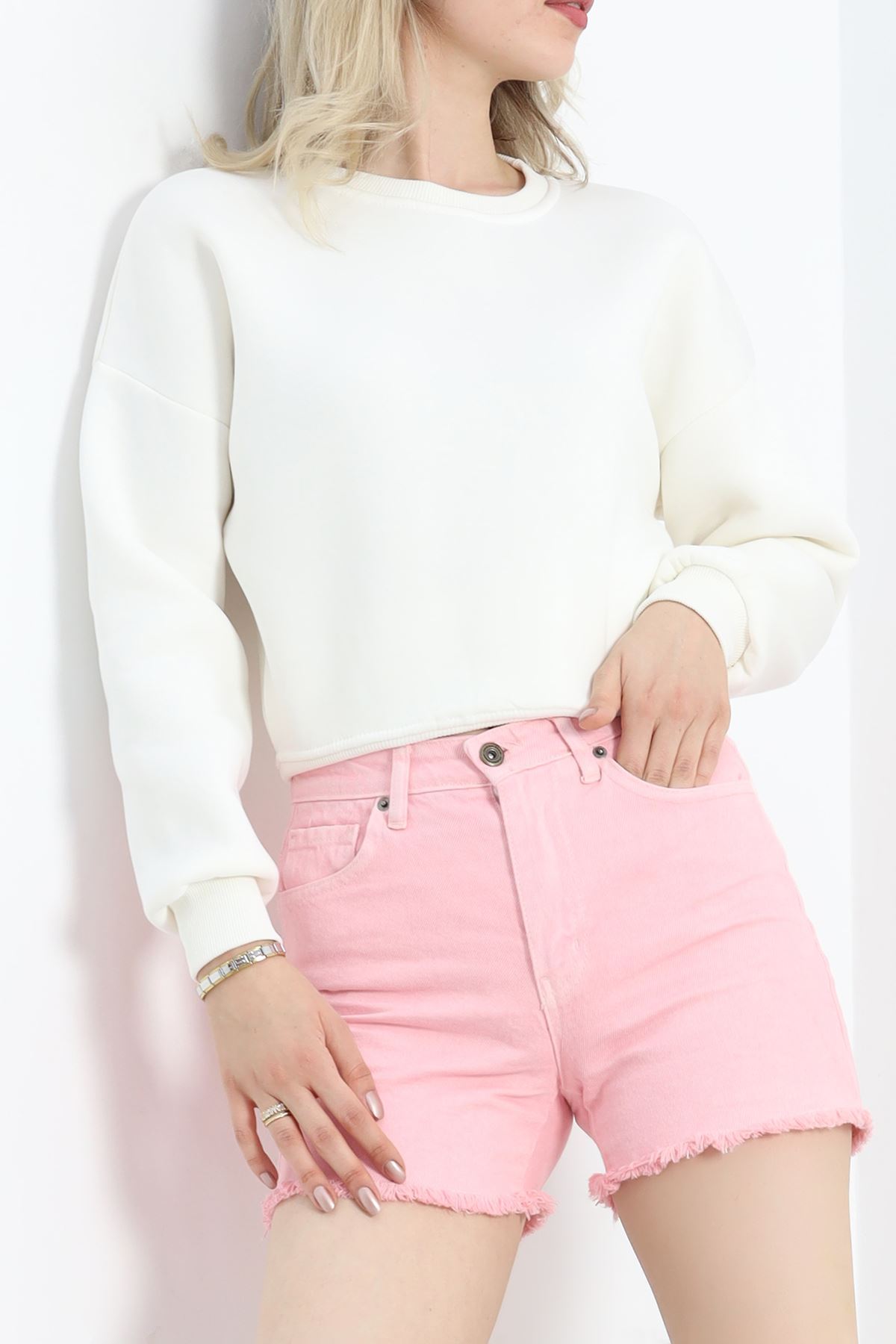 Bisiklet Yaka 3 İplik Crop Sweat Ekru - 20968.1878.