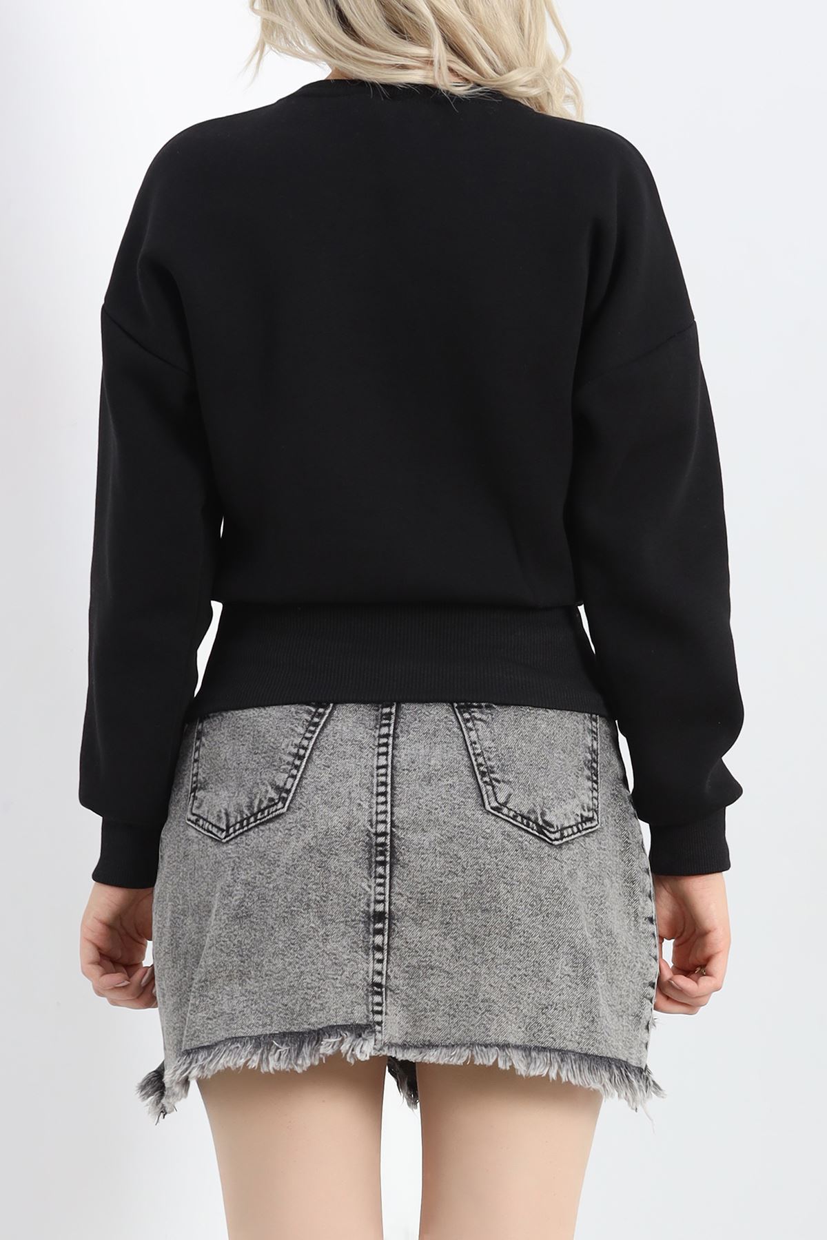 Bisiklet Yaka 3 İplik Crop Sweat Siyah - 20968.1878.