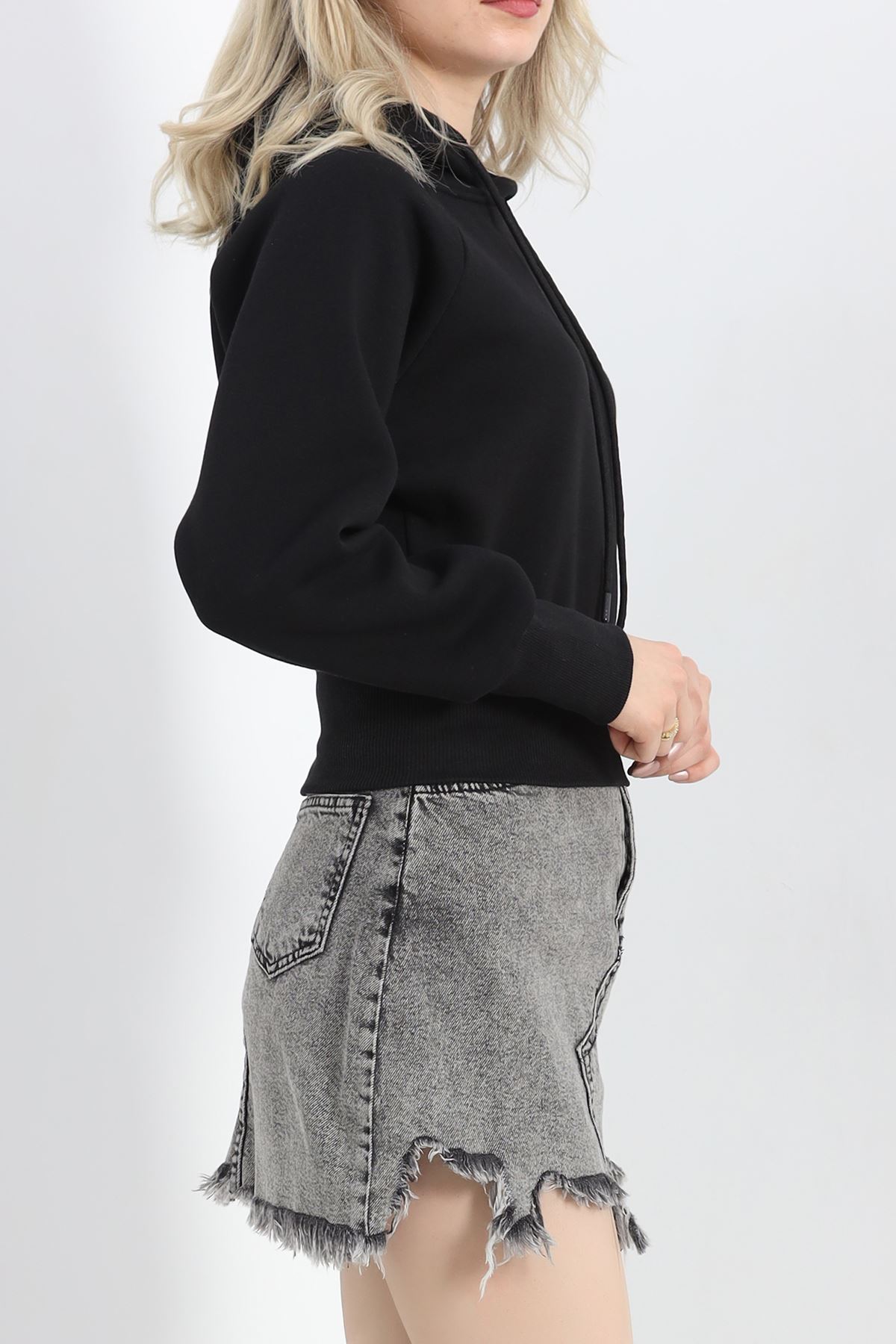 3 İplik Kapşonlu Crop Sweat Siyah - 20967.1878.