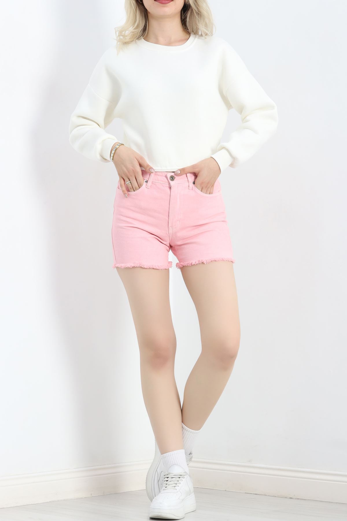 Bisiklet Yaka 3 İplik Crop Sweat Ekru - 20968.1878.