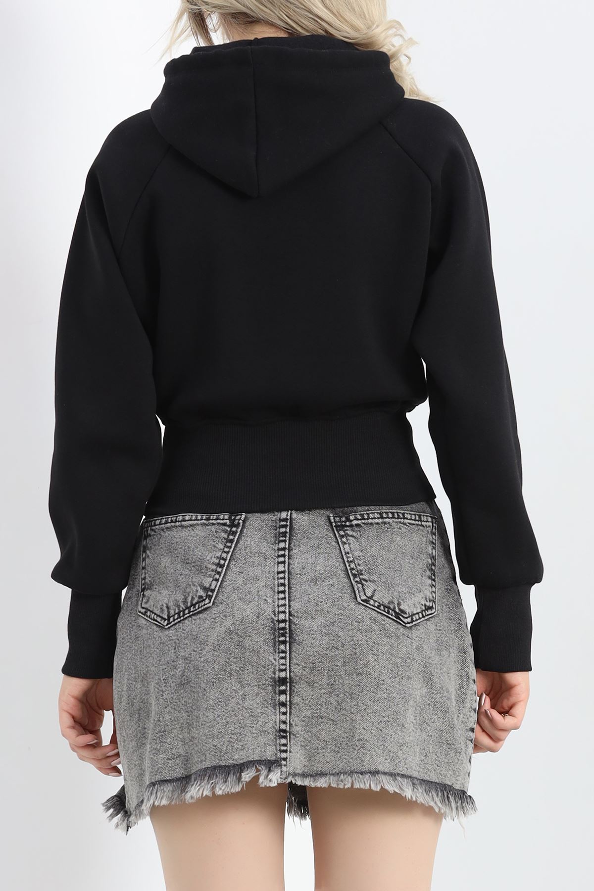 3 İplik Kapşonlu Crop Sweat Siyah - 20967.1878.