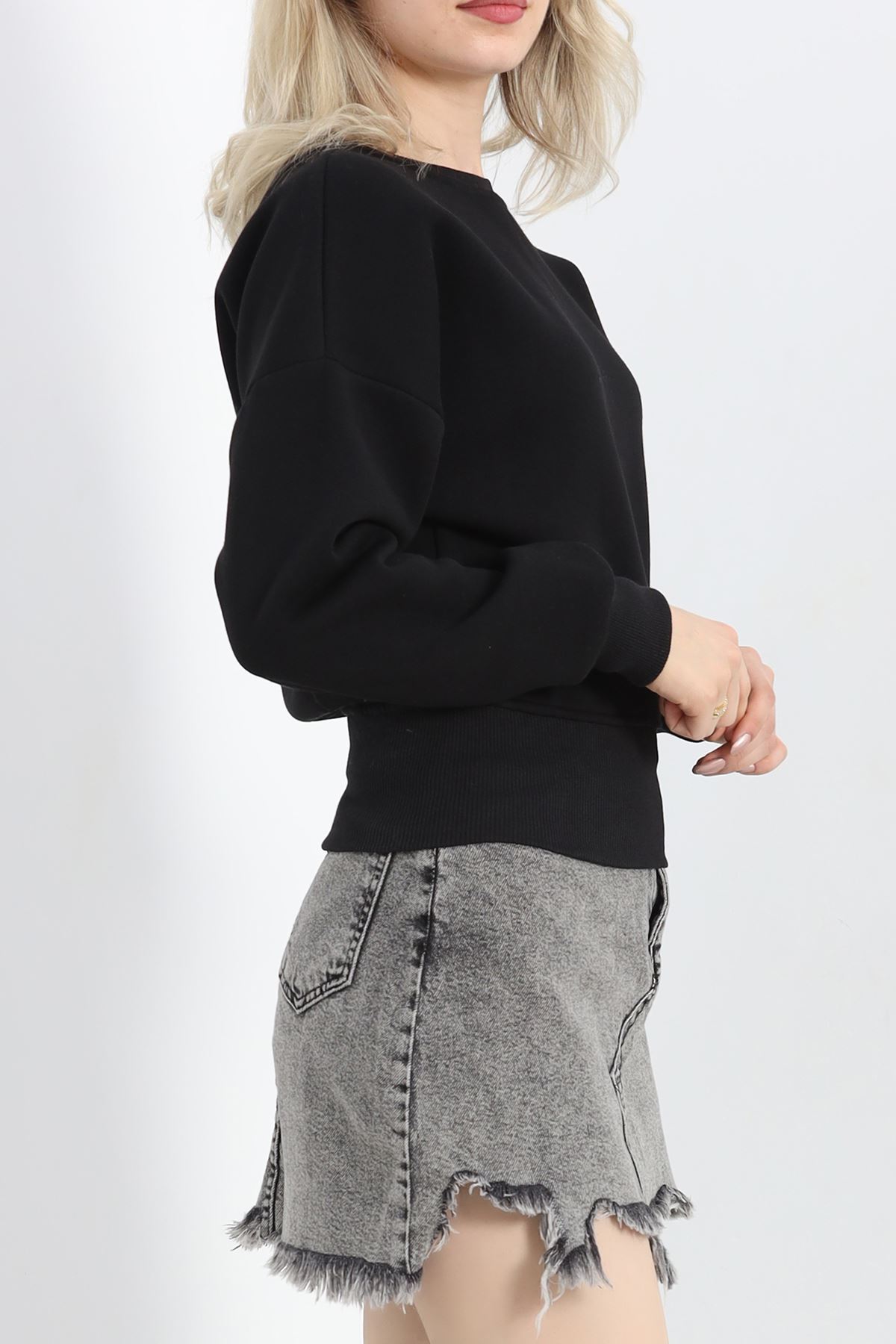 Bisiklet Yaka 3 İplik Crop Sweat Siyah - 20968.1878.