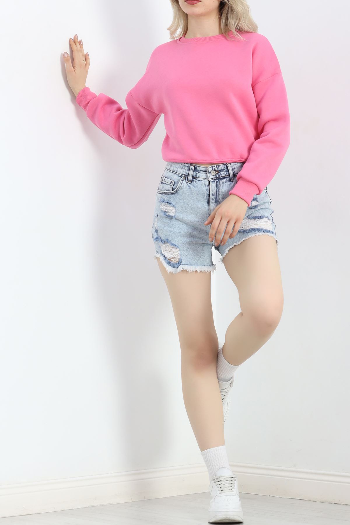 Bisiklet Yaka 3 İplik Crop Sweat Pembe - 20968.1878.