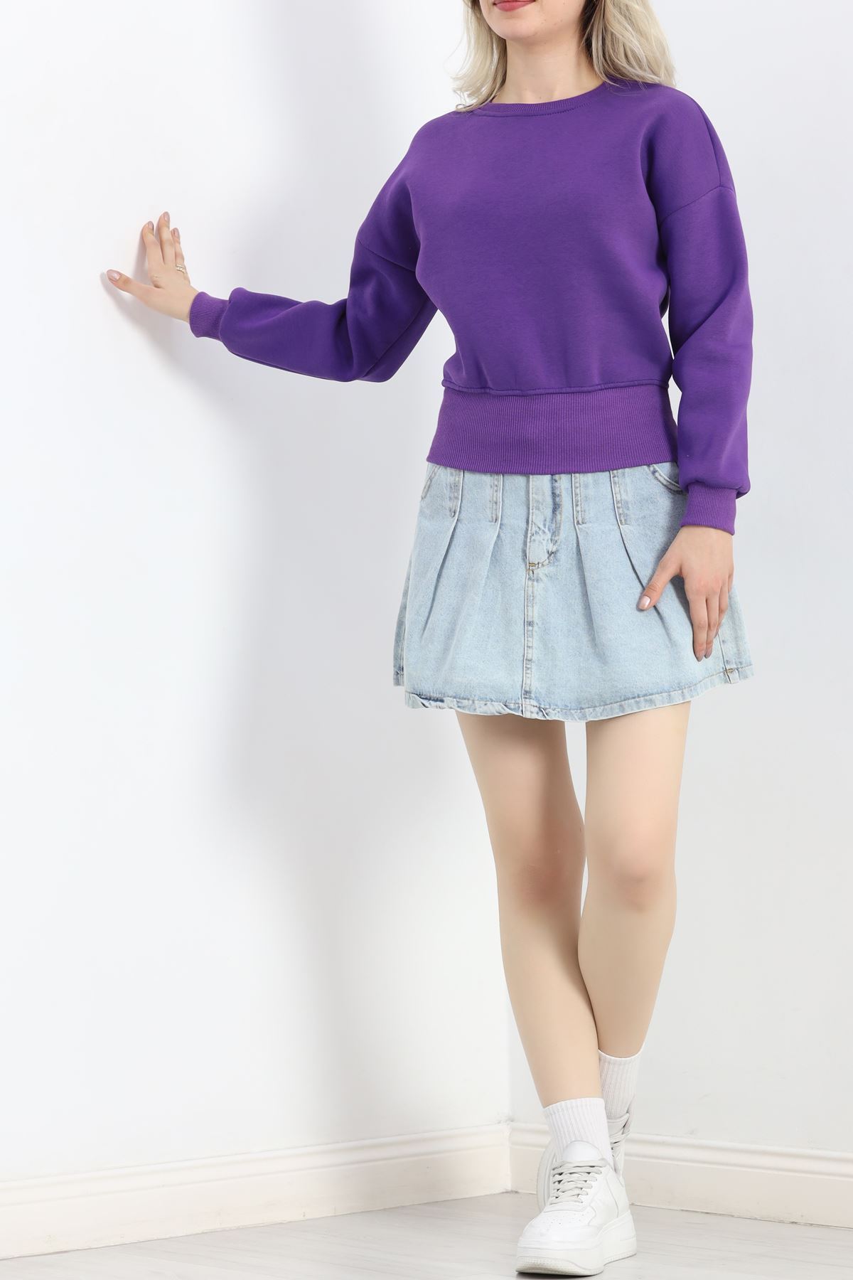 Bisiklet Yaka 3 İplik Crop Sweat Mor - 20968.1878.