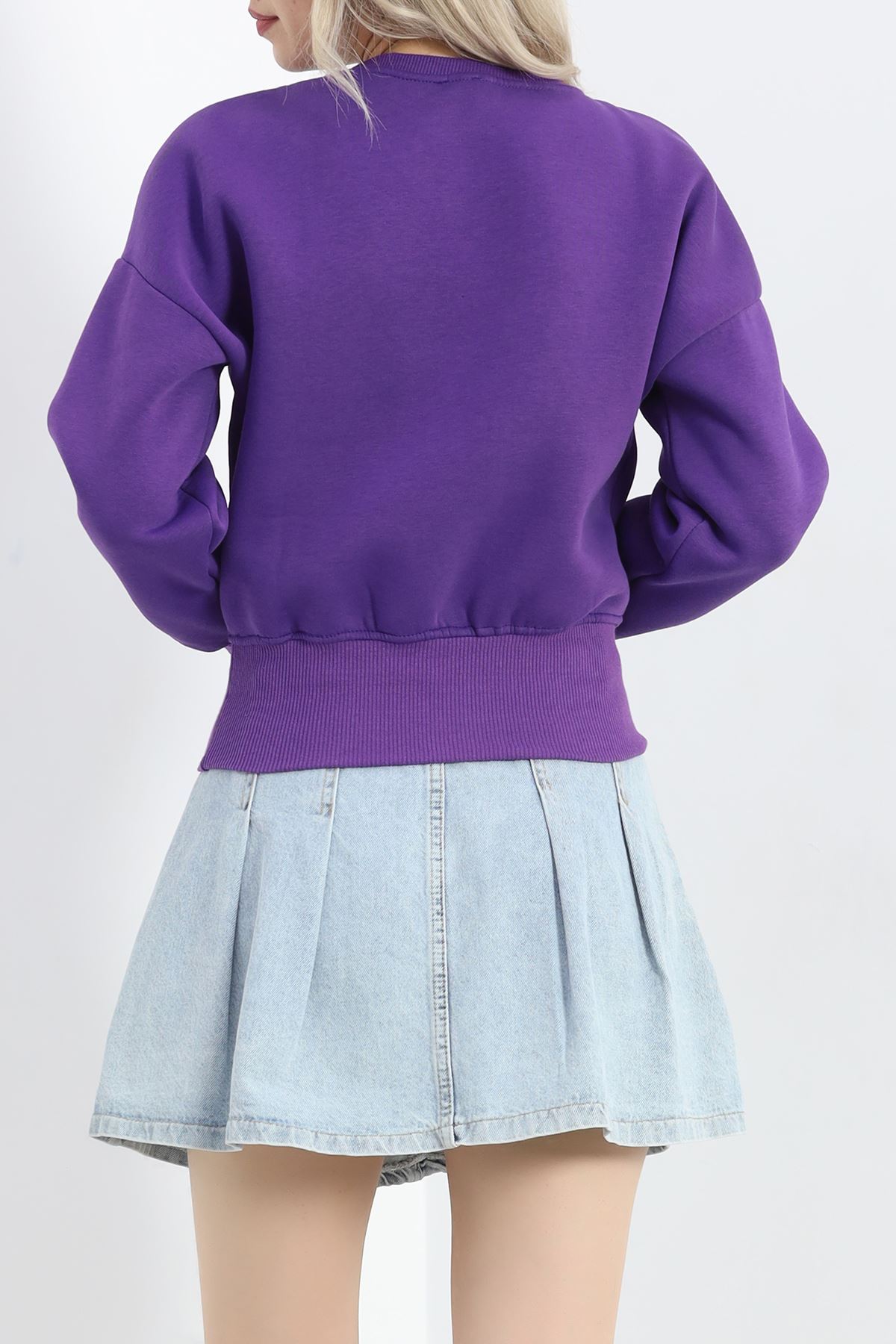 Bisiklet Yaka 3 İplik Crop Sweat Mor - 20968.1878.