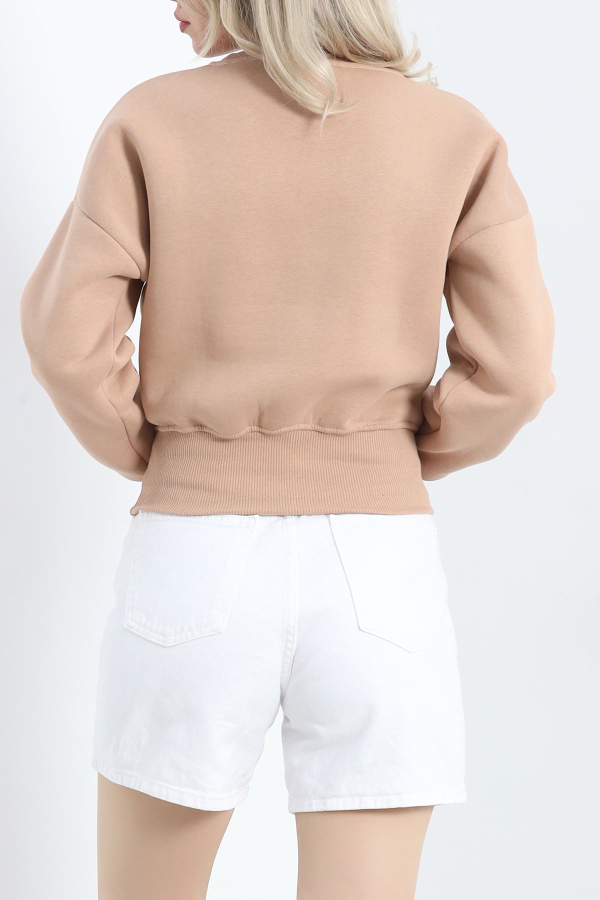 Bisiklet Yaka 3 İplik Crop Sweat Bej - 20968.1878.