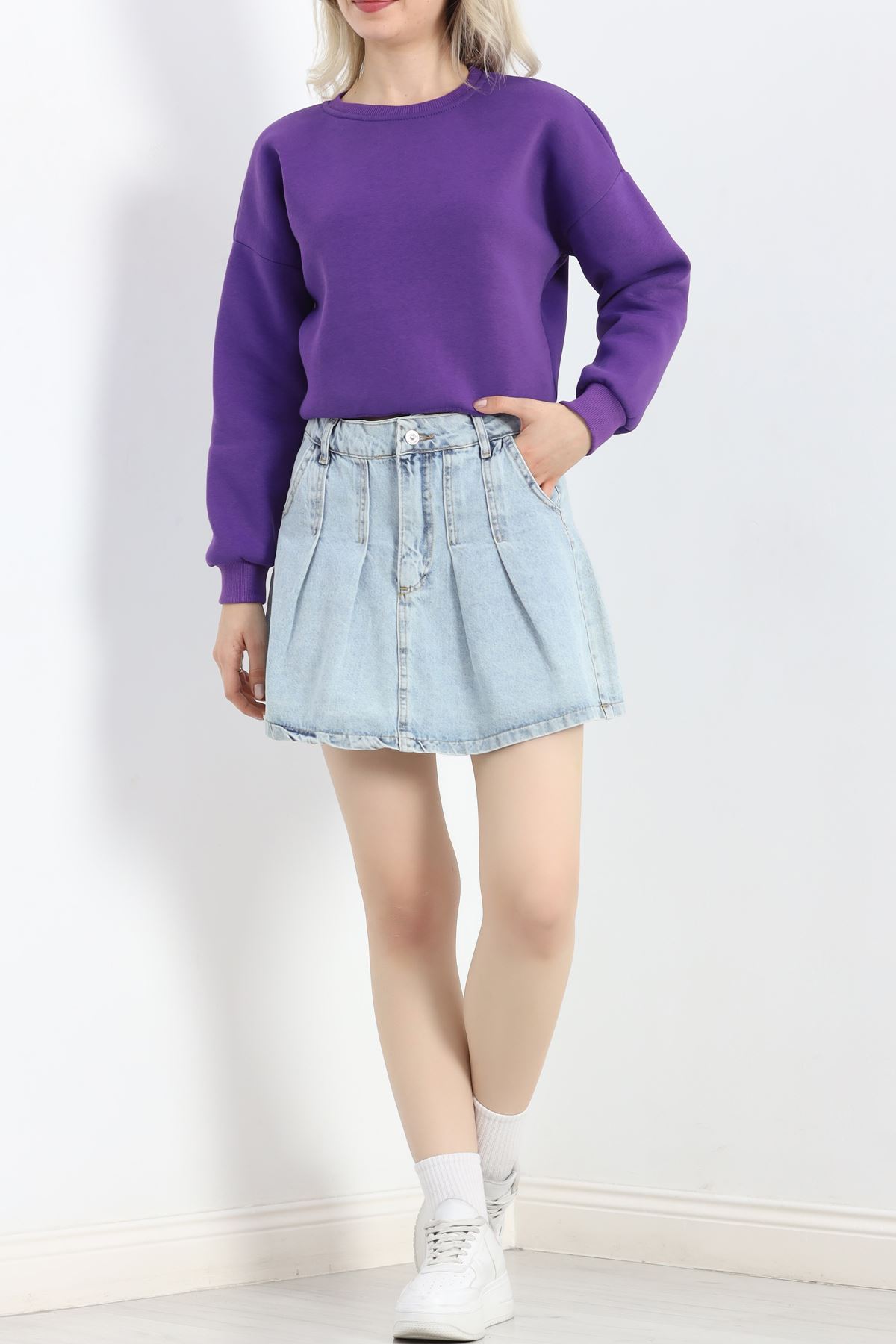 Bisiklet Yaka 3 İplik Crop Sweat Mor - 20968.1878.