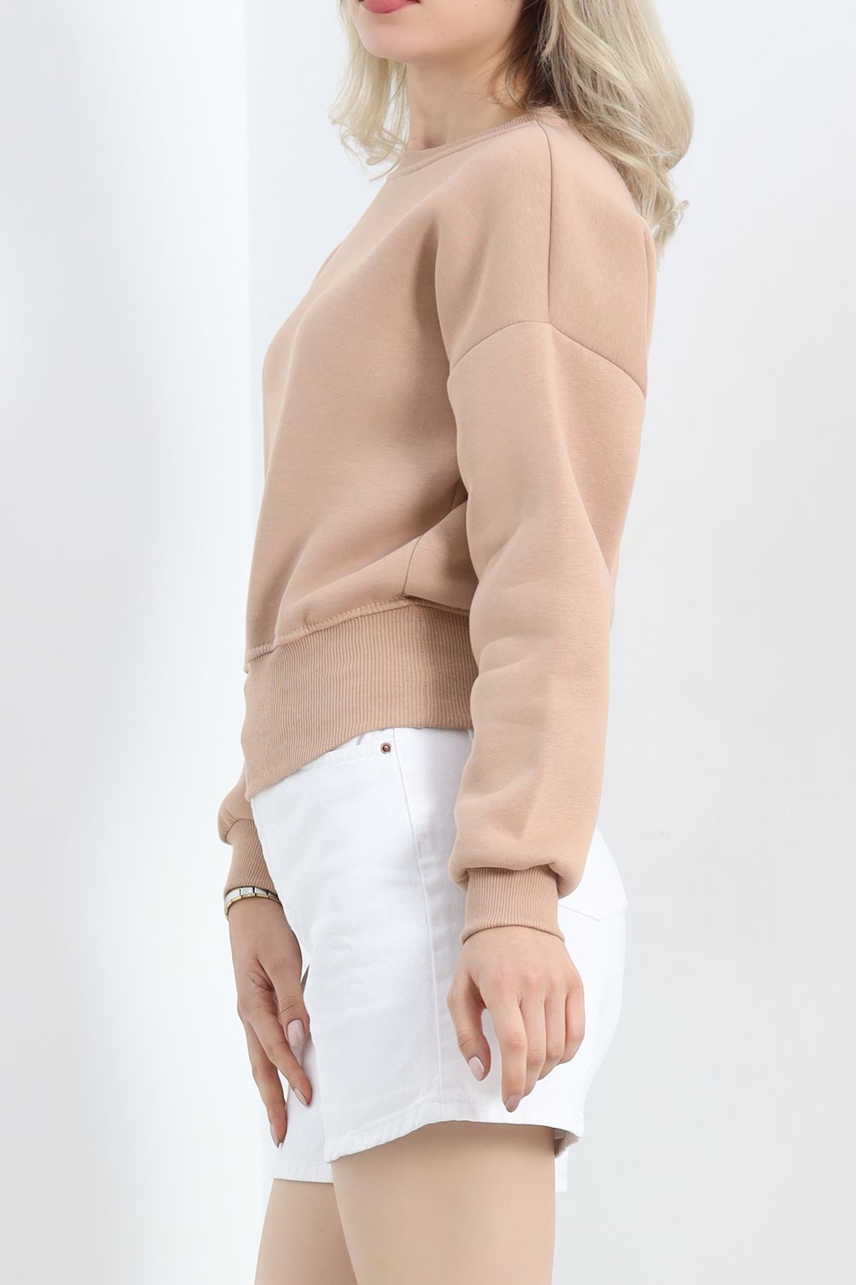 Bisiklet Yaka 3 İplik Crop Sweat Bej - 20968.1878.