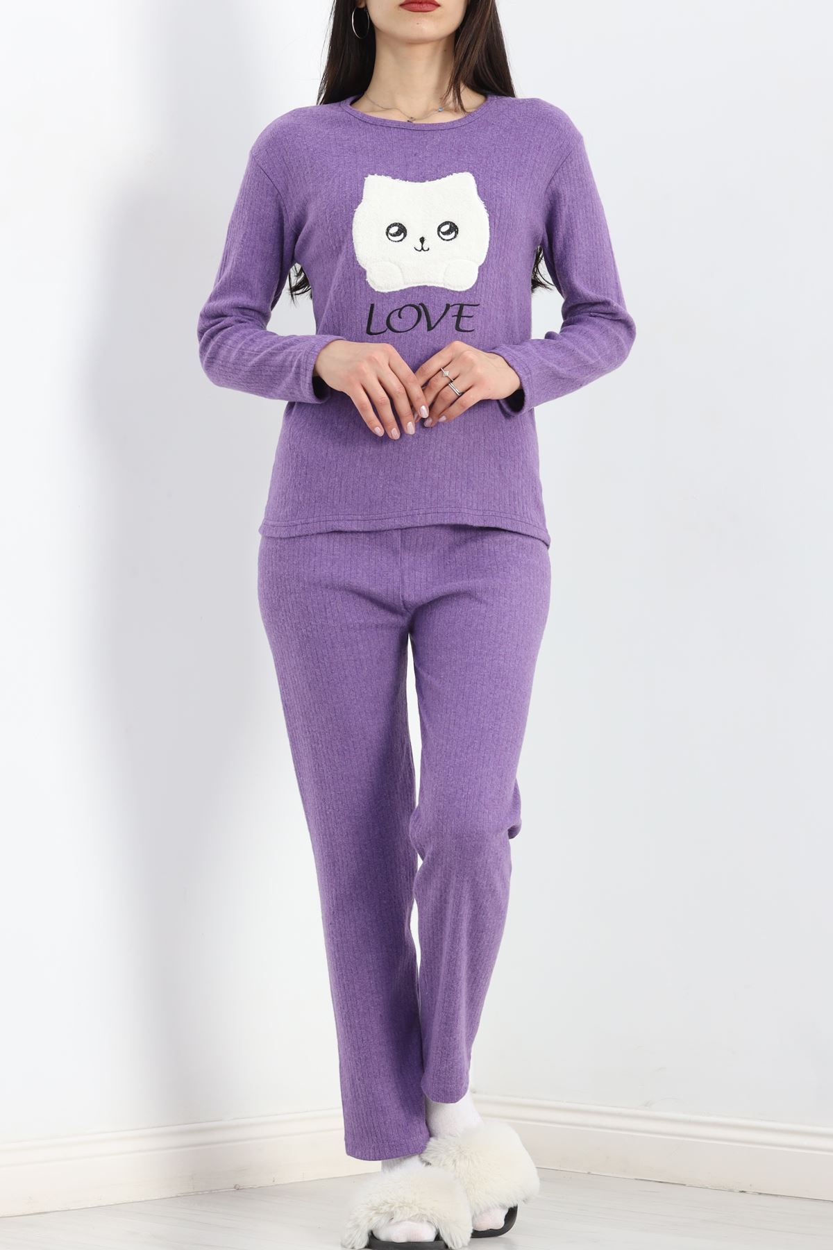 Nakışlı Fitilli Pijama Takımı Mor1 - 19219.1048.