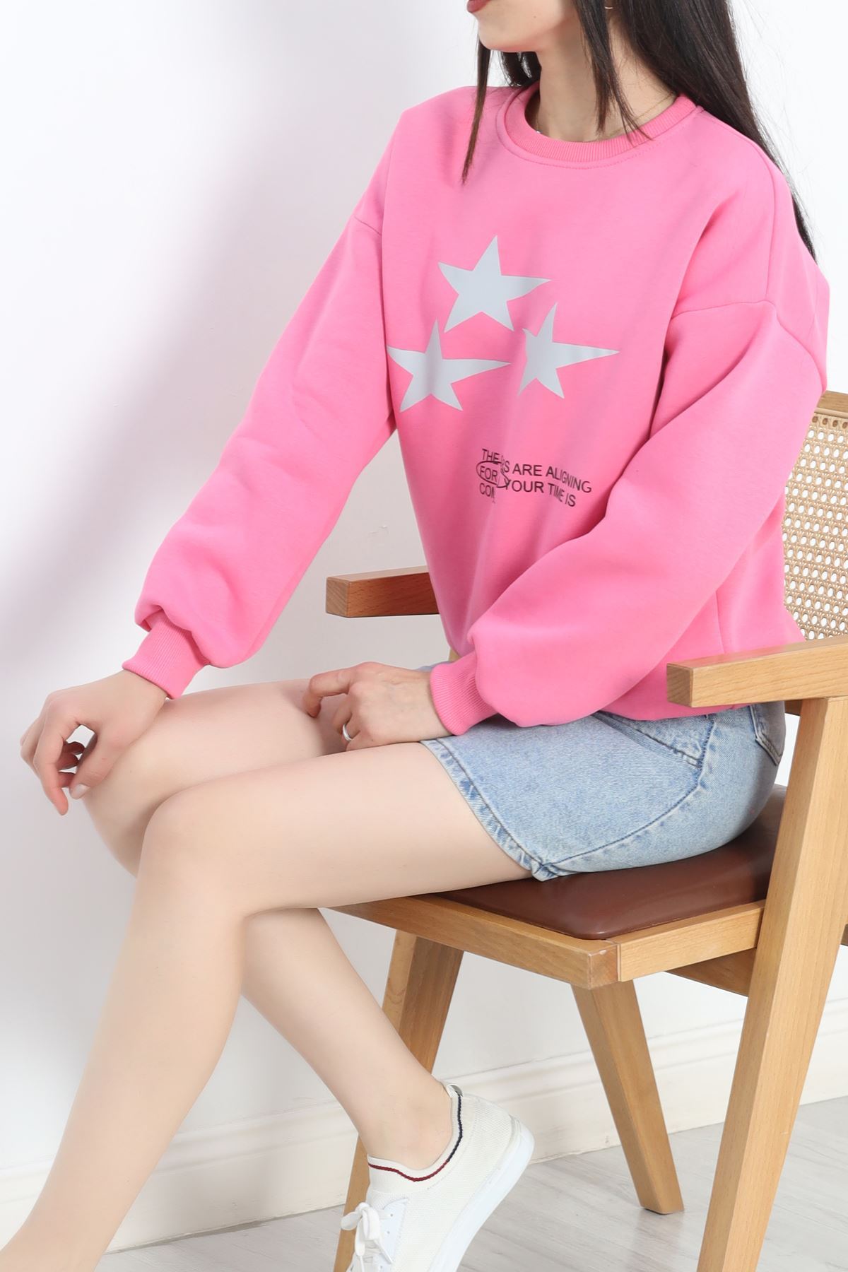 Bisiklet Yaka Baskılı Sweat Pembe - 20961.1878.