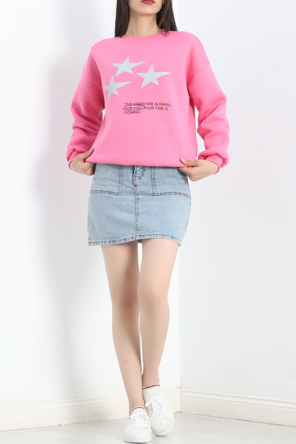 Bisiklet Yaka Baskılı Sweat Pembe - 20961.1878.