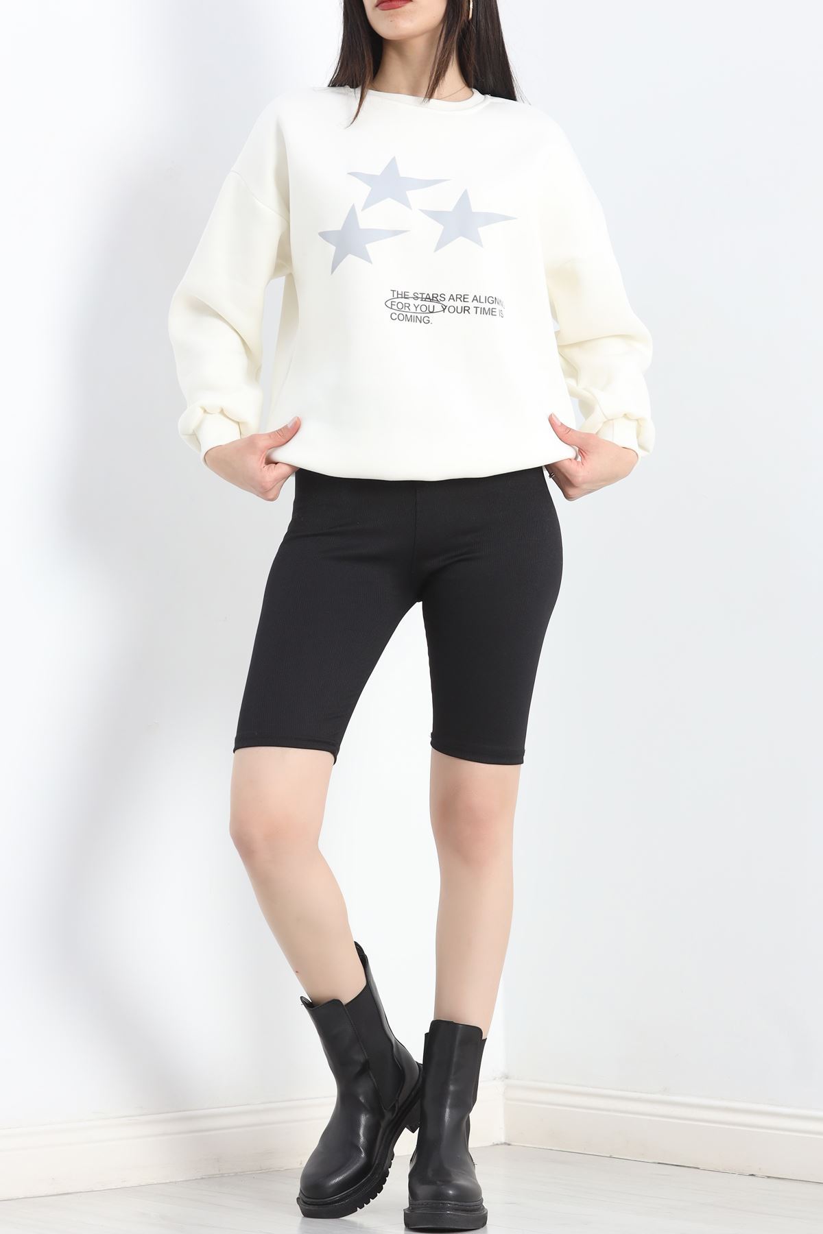 Bisiklet Yaka Baskılı Sweat Ekru - 20961.1878.