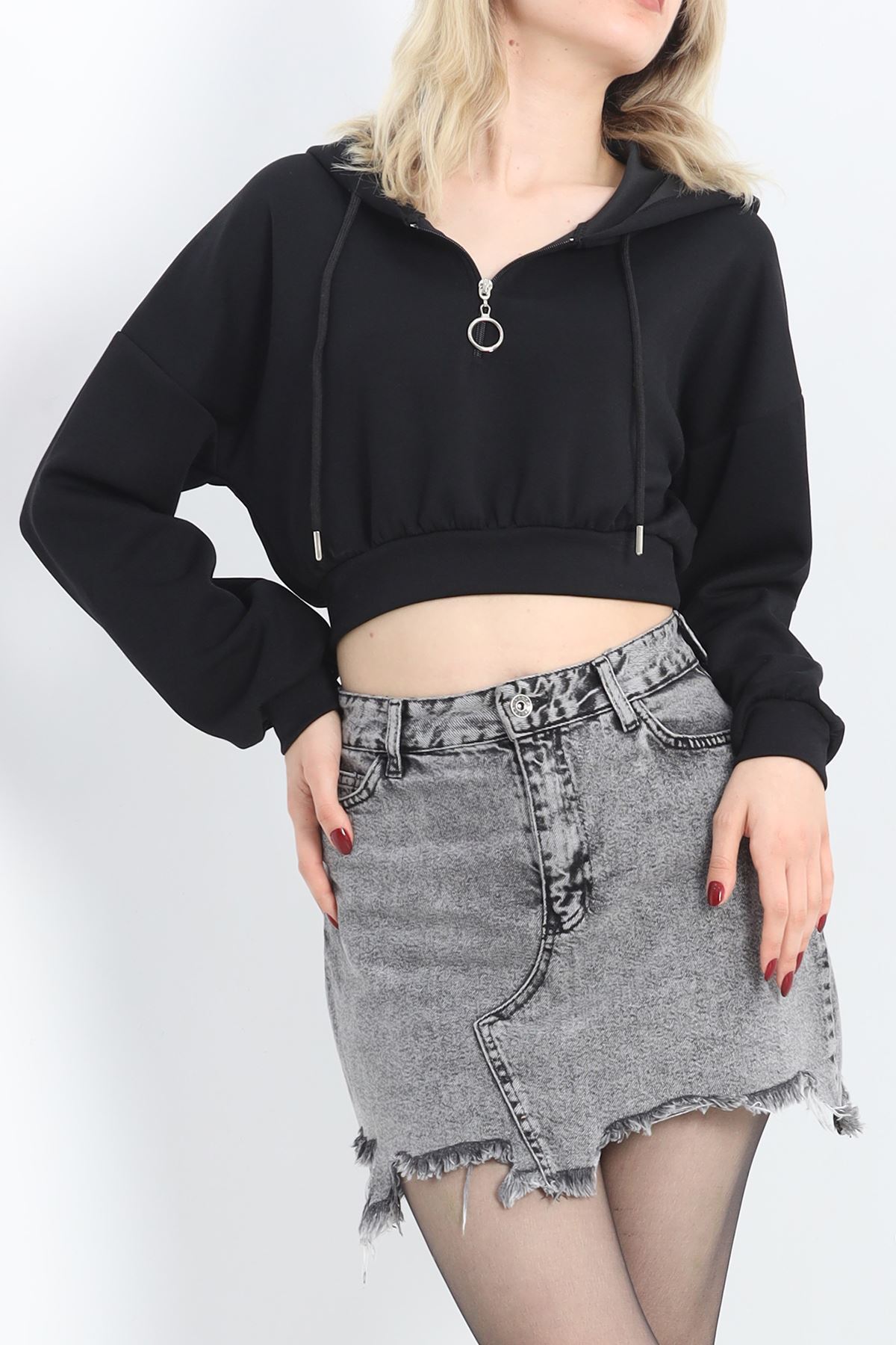 Modal Kapşonlu Crop Sweat Siyah - 12885.148.