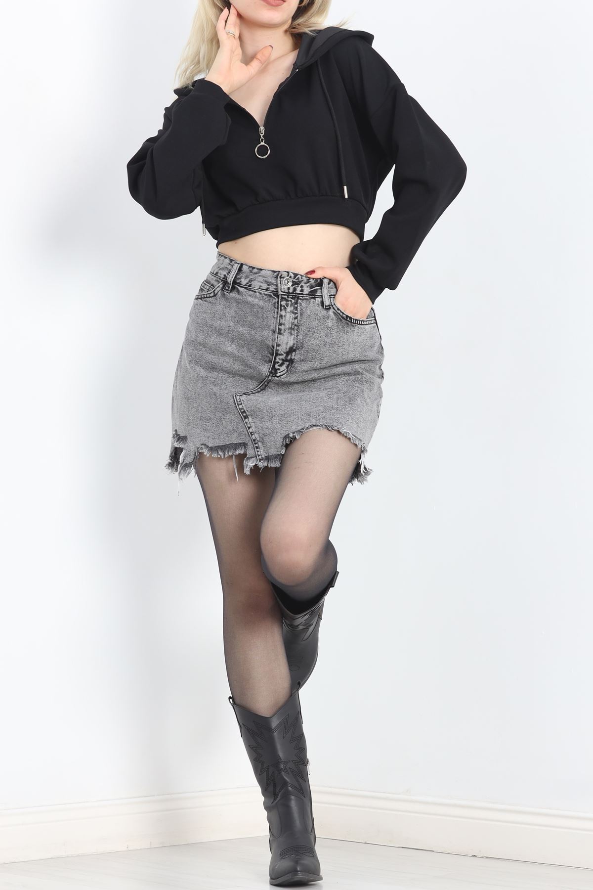 Modal Kapşonlu Crop Sweat Siyah - 12885.148.