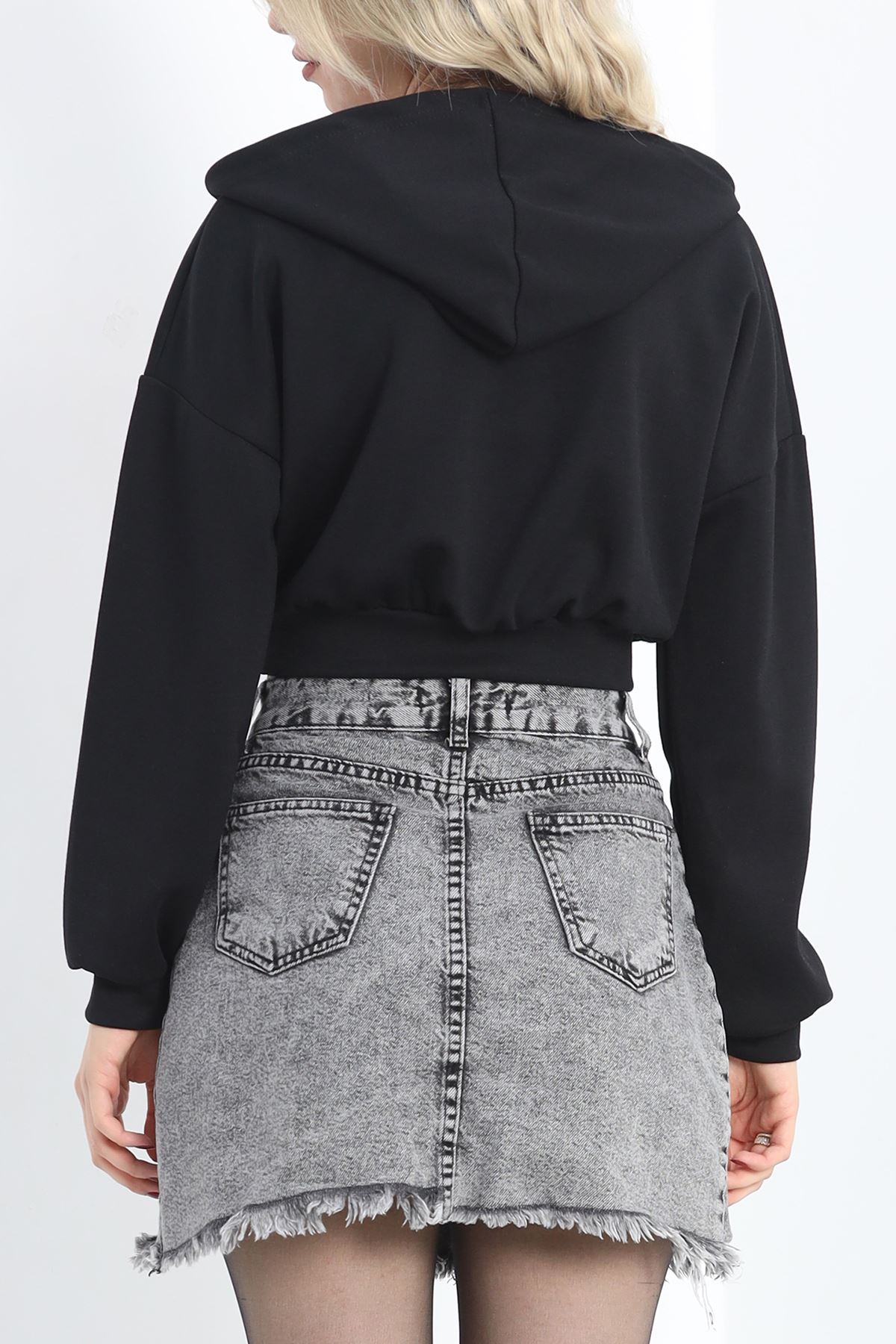 Modal Kapşonlu Crop Sweat Siyah - 12885.148.