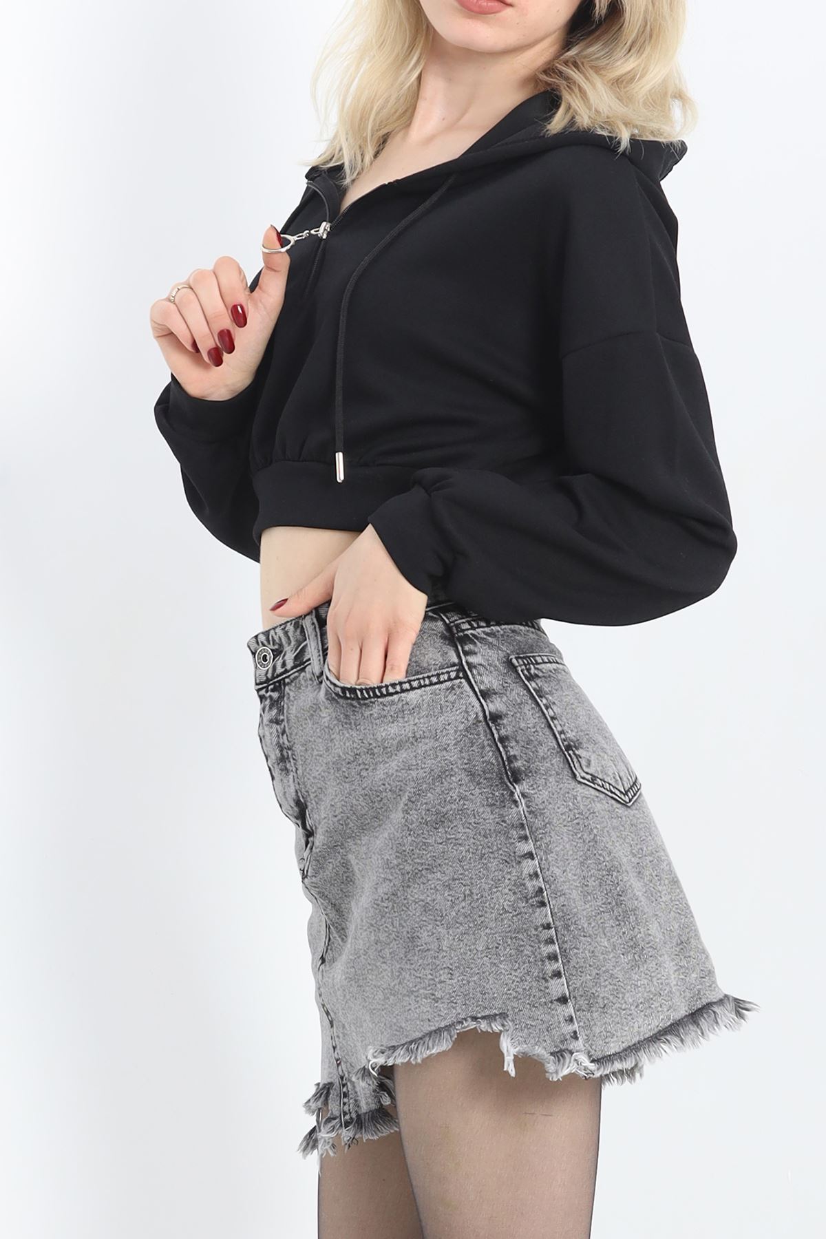 Modal Kapşonlu Crop Sweat Siyah - 12885.148.