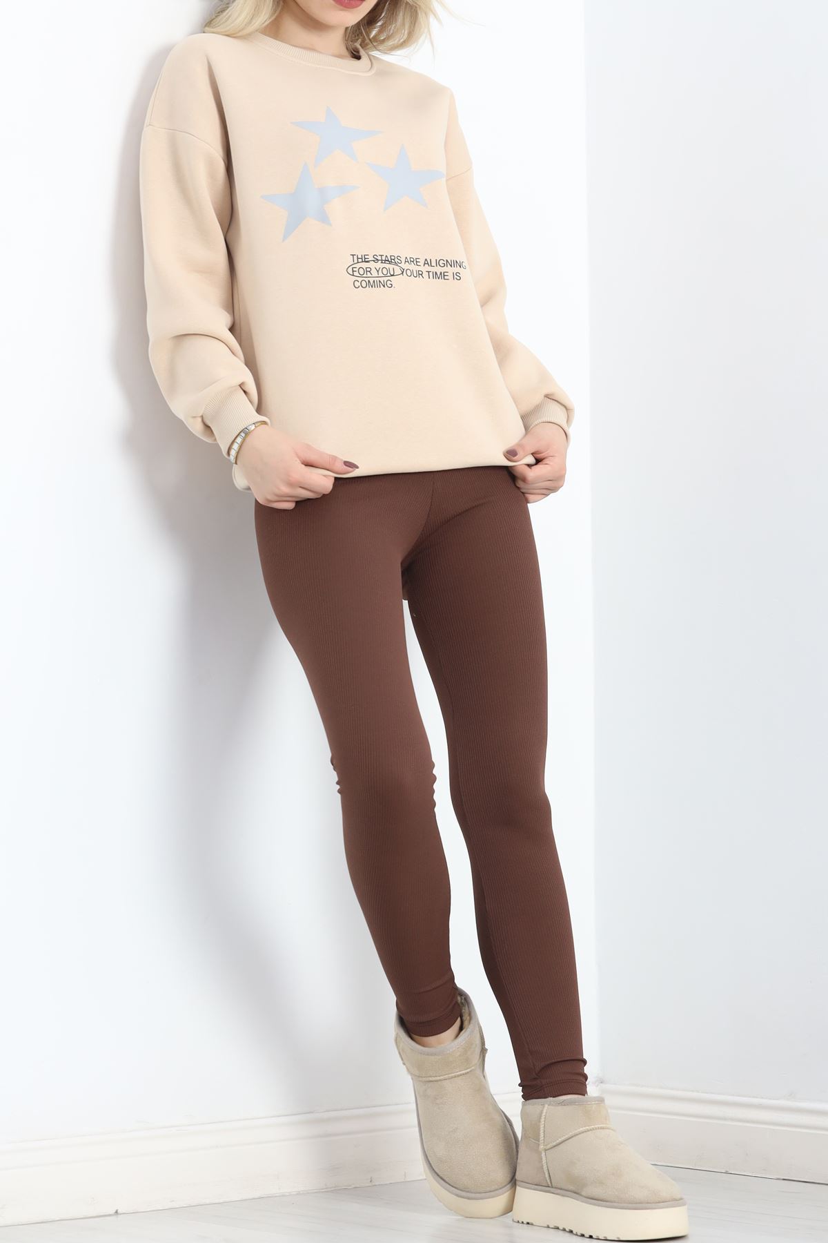 Bisiklet Yaka Baskılı Sweat Bej - 20961.1878.