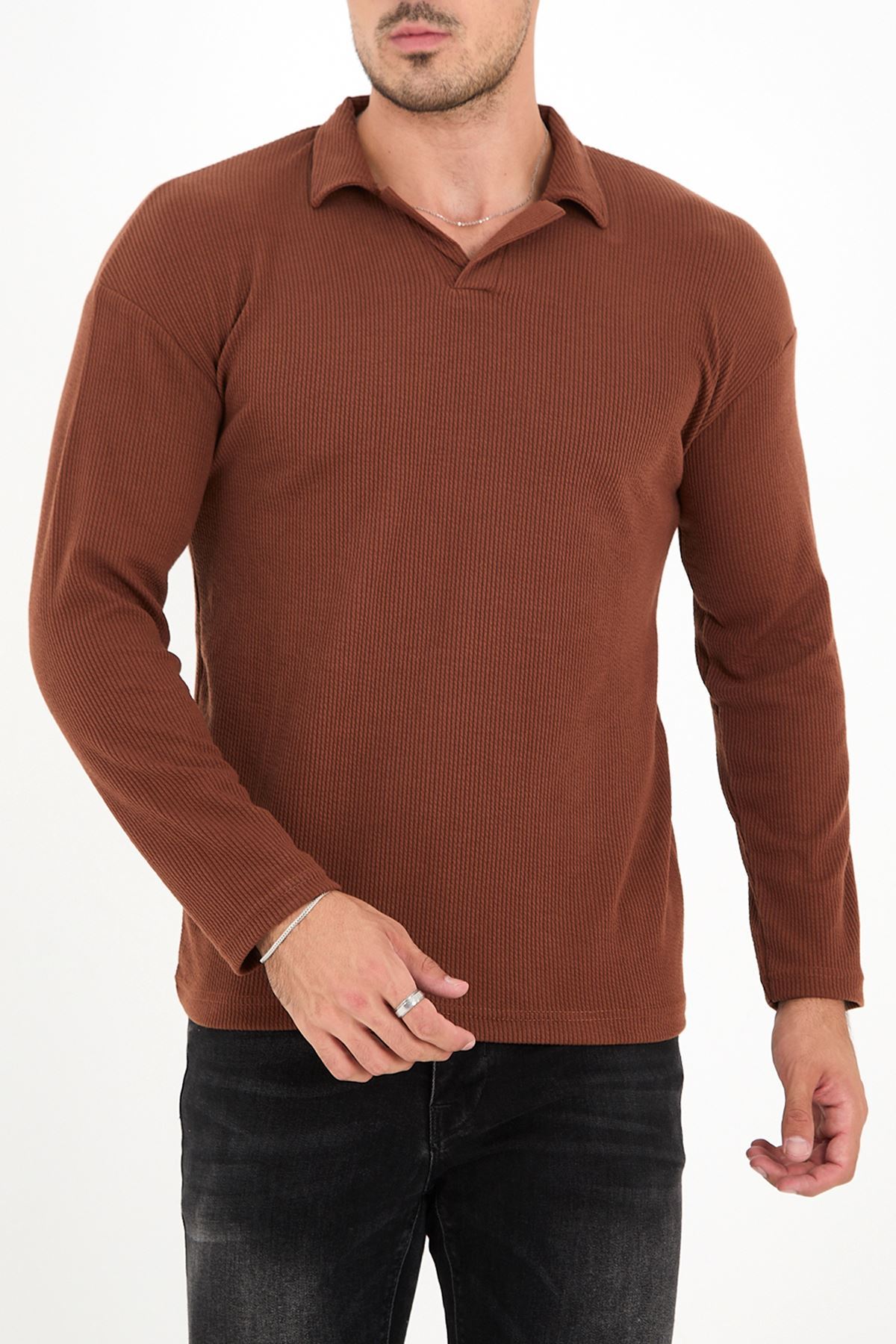 Polo Yaka Uzun Kol Erkek Sweatshirt Kahve - 20127.1874.