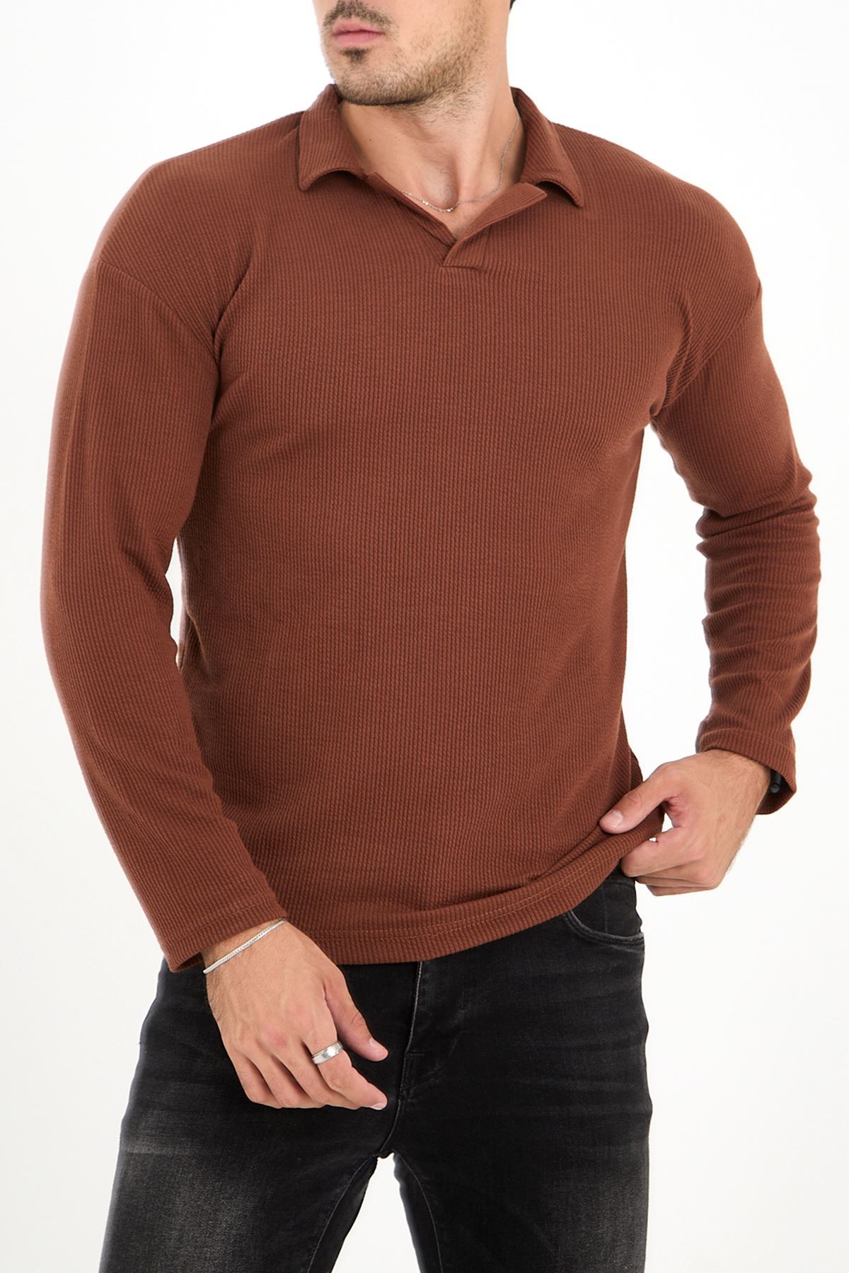 Polo Yaka Uzun Kol Erkek Sweatshirt Kahve - 20127.1874.