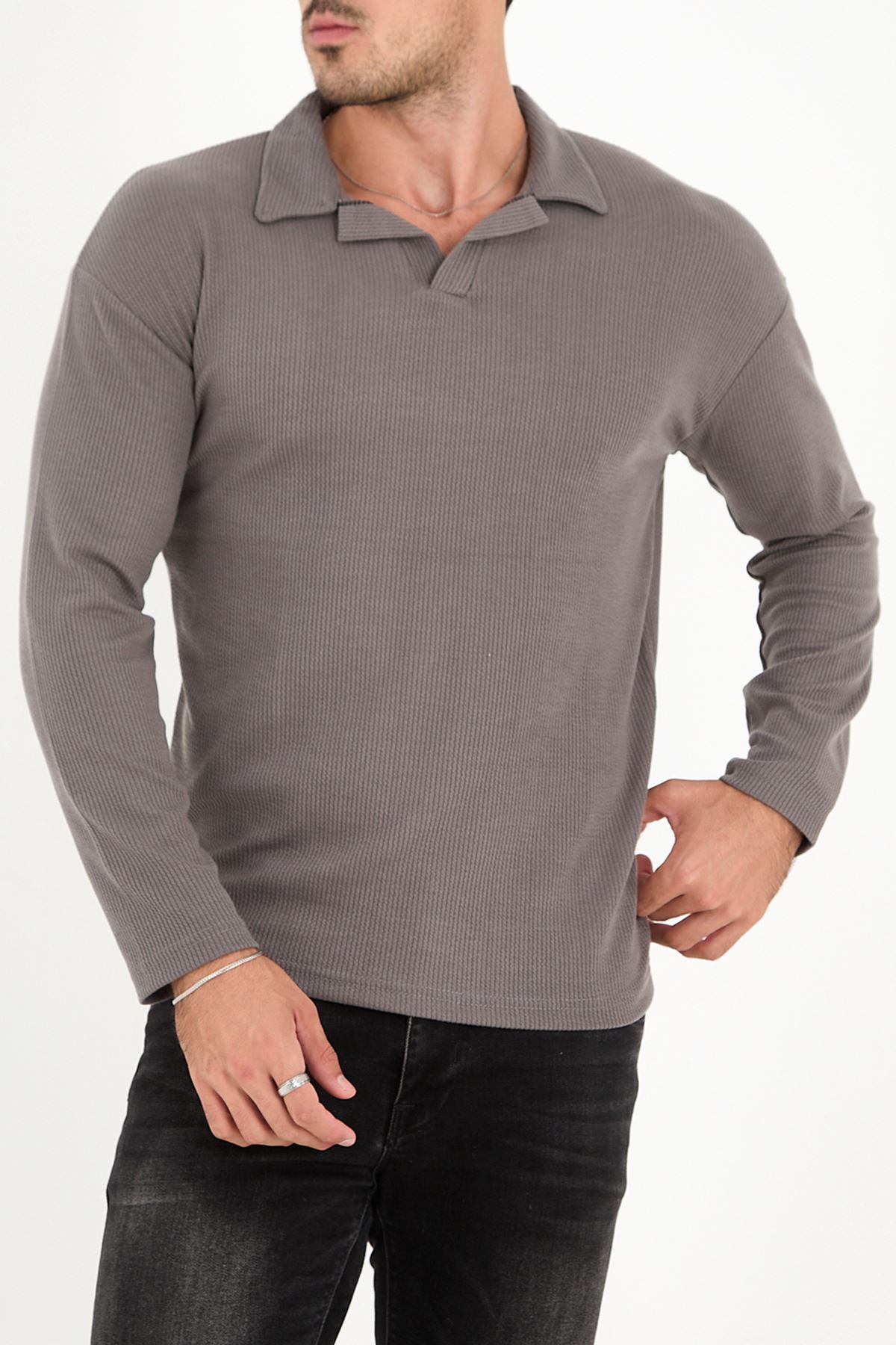 Polo Yaka Uzun Kol Erkek Sweatshirt Füme - 20127.1874.