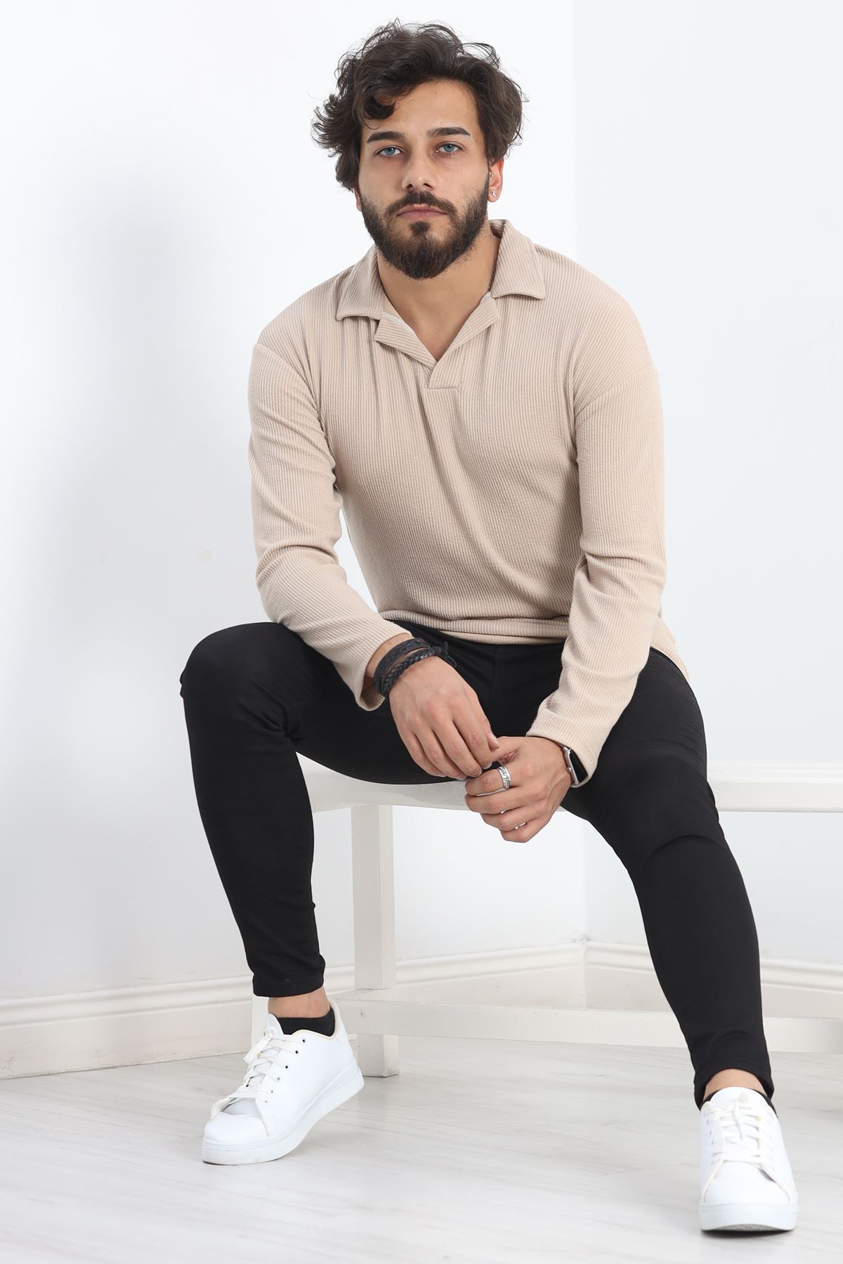 Polo Yaka Uzun Kol Erkek Sweatshirt Taş - 20127.1874.