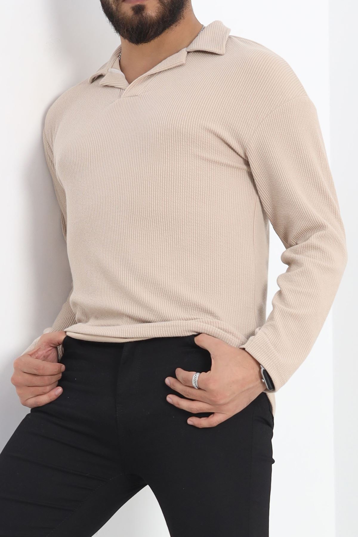 Polo Yaka Uzun Kol Erkek Sweatshirt Taş - 20127.1874.