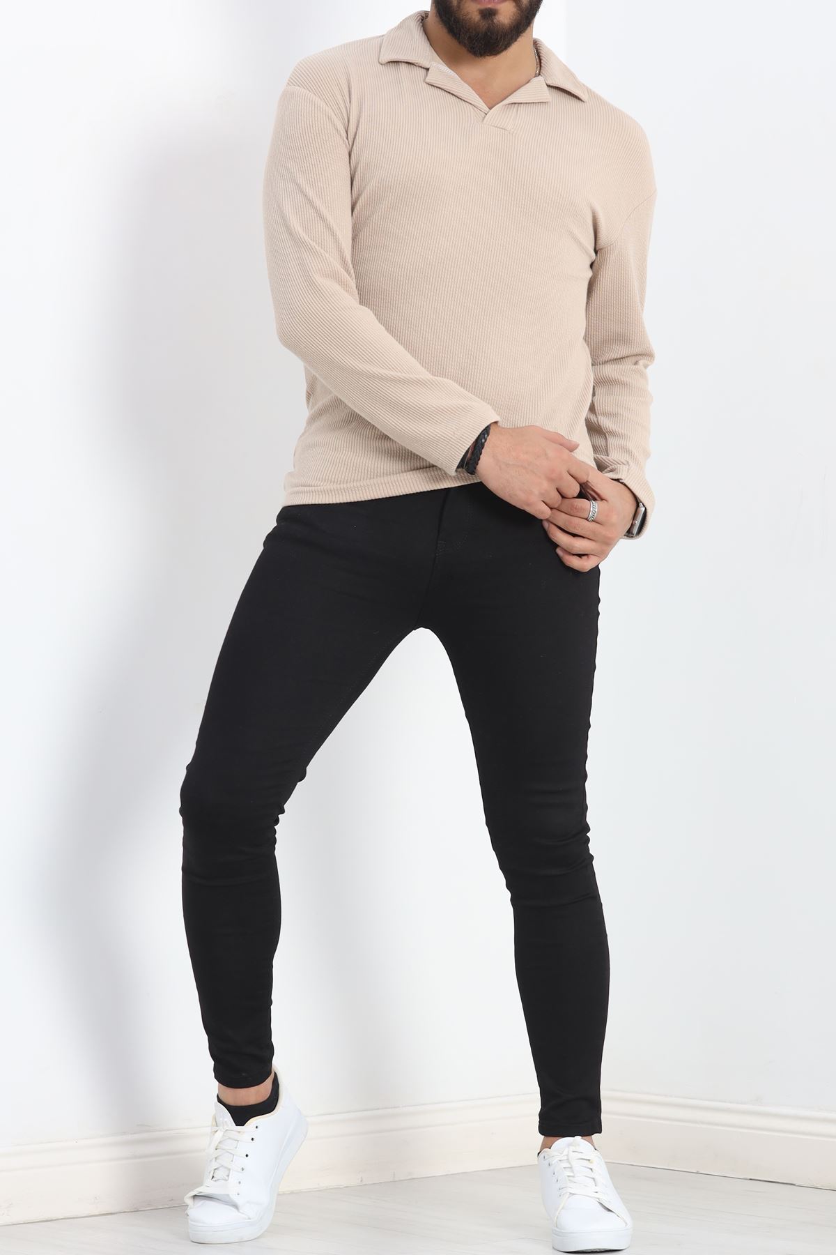 Polo Yaka Uzun Kol Erkek Sweatshirt Taş - 20127.1874.