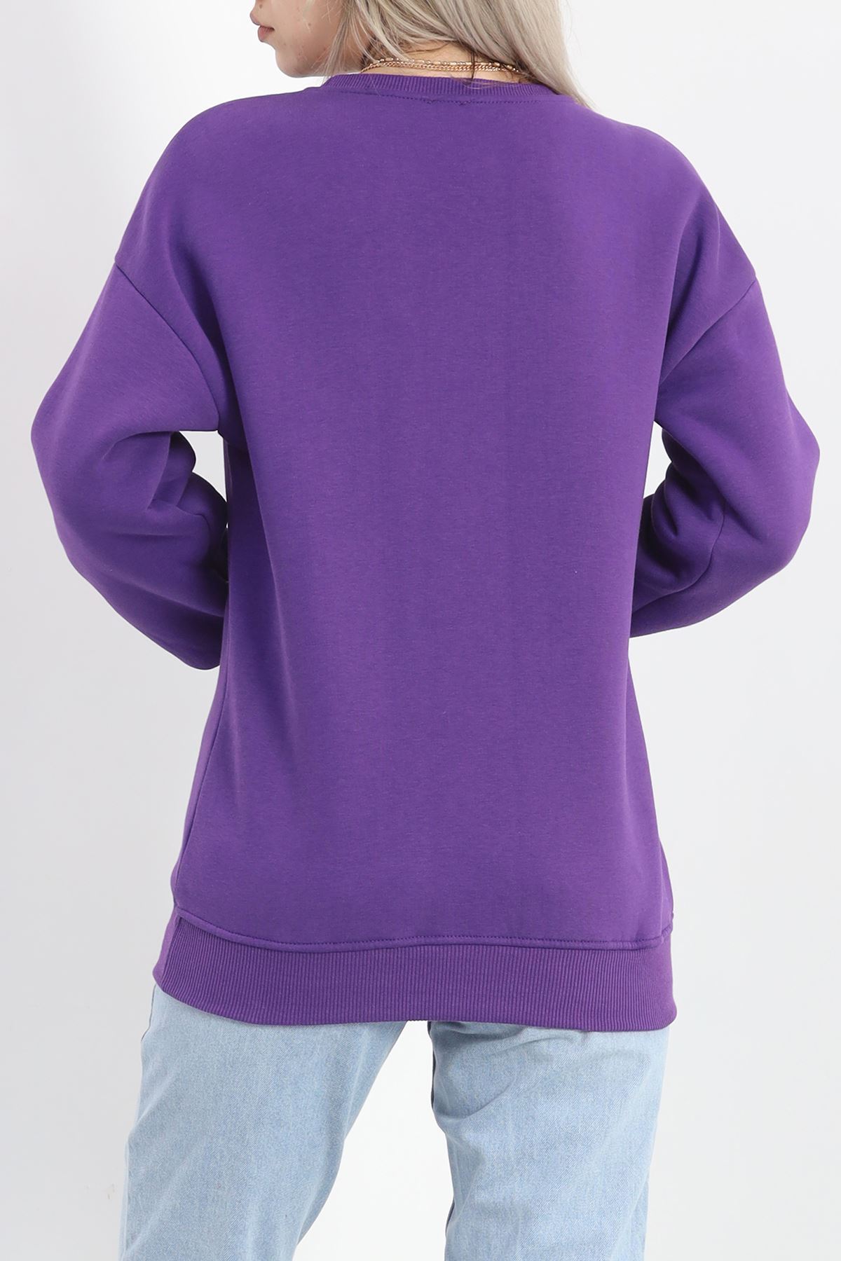 Bisiklet Yaka Baskılı Sweat Mor - 20150.1878.