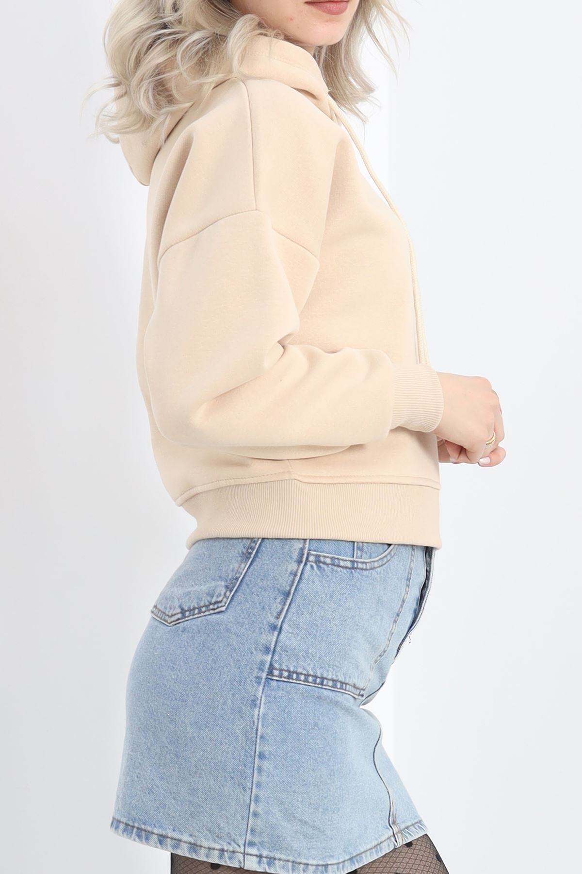 Kapşonlu Crop Sweat Bej - 20959.1878.